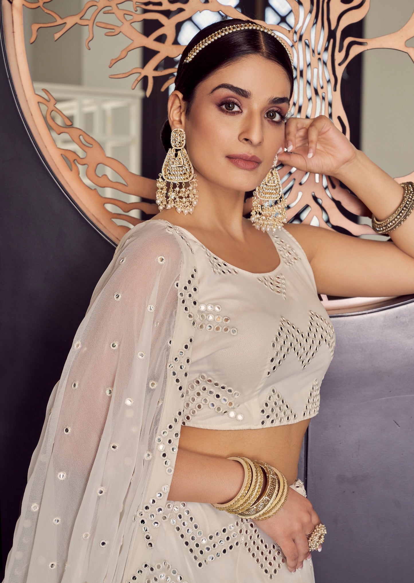 Mirror Work White Georgette Lehenga Choli
