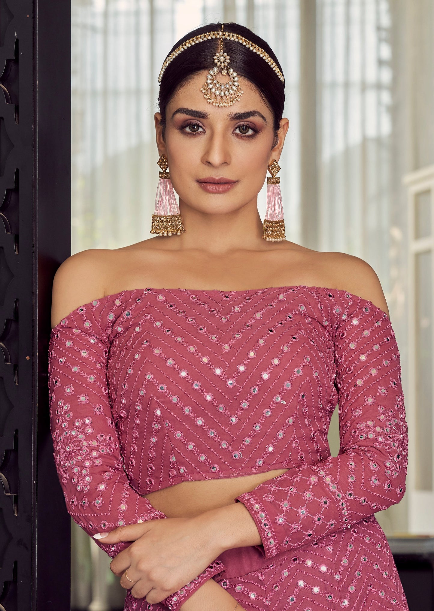 Candy Pink Mirror work Georgette Lehenga Choli