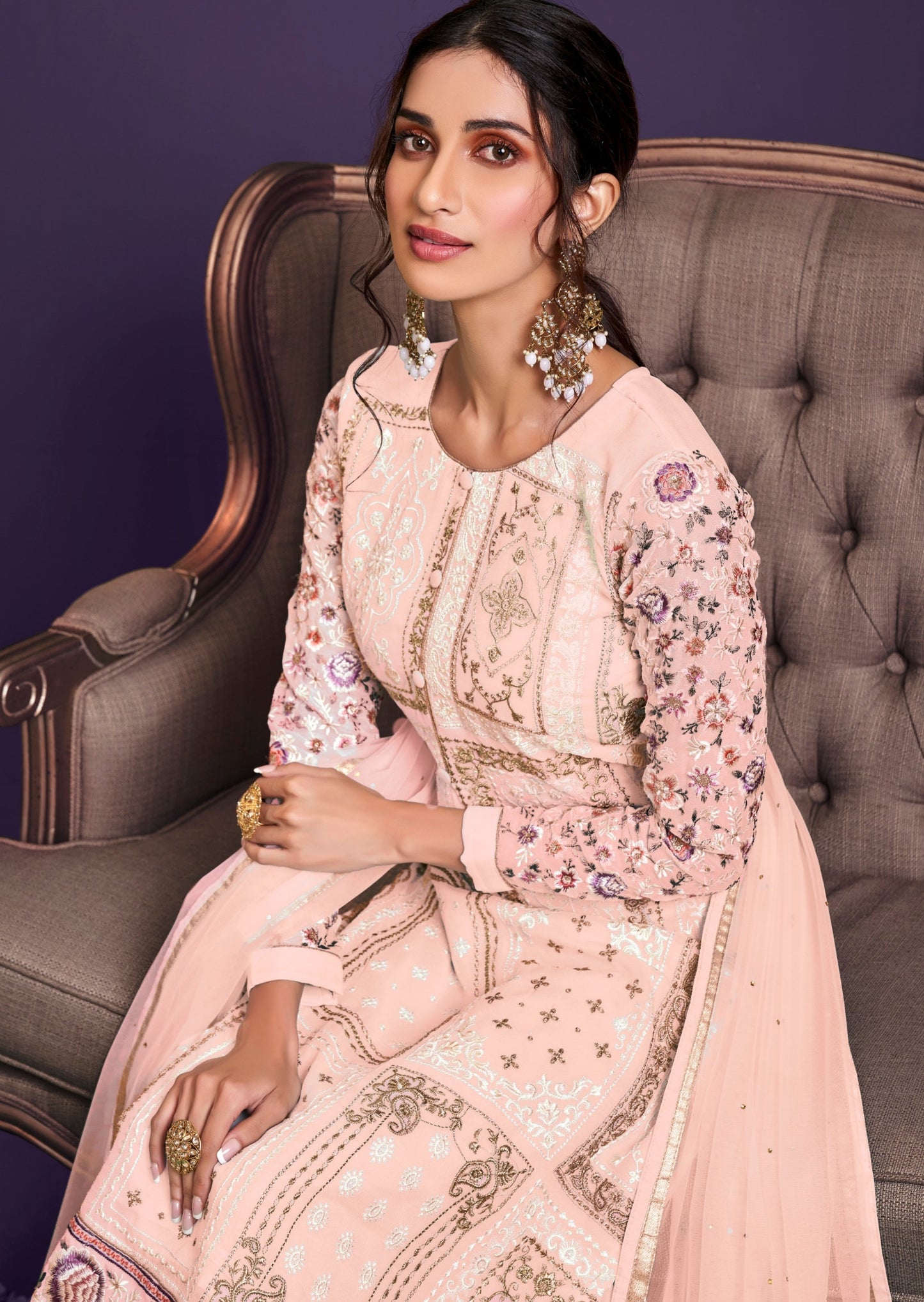 Peach Threadwork Georgette Suit
