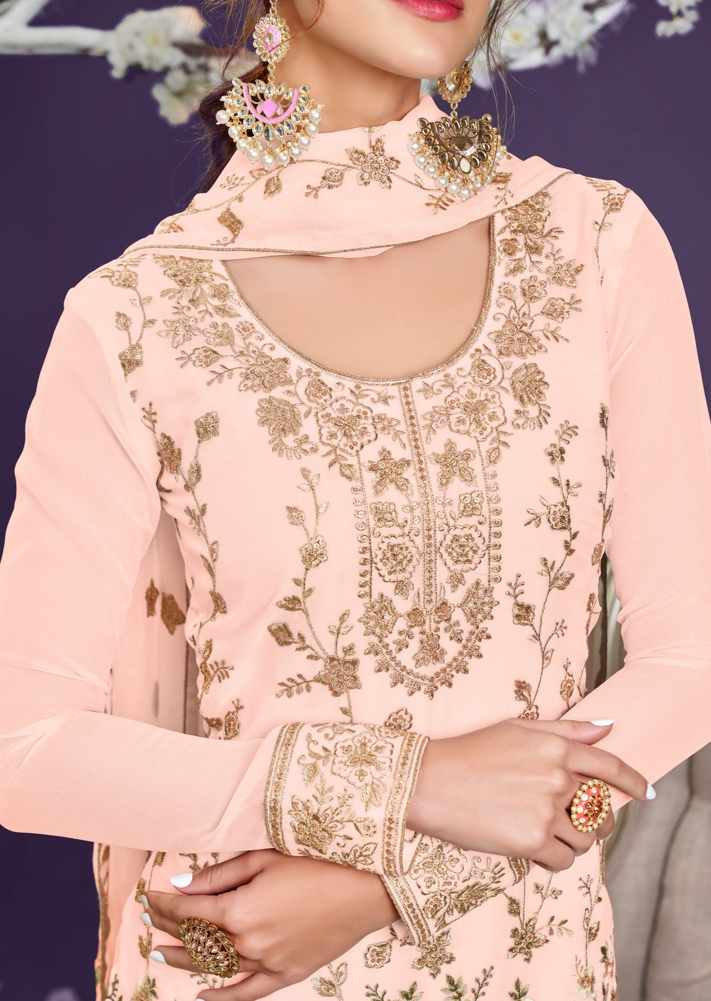 Anaara Georgette Phulkaari Peach Salwar Suit