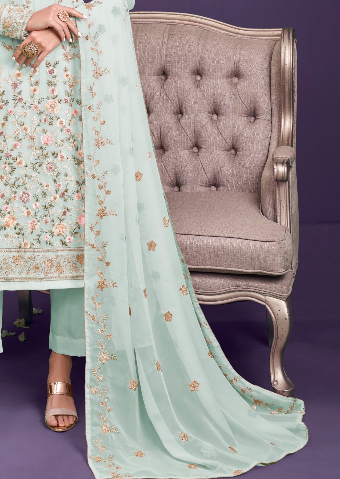 Pure Georgette Phulkari Baby Blue Salwar Suit