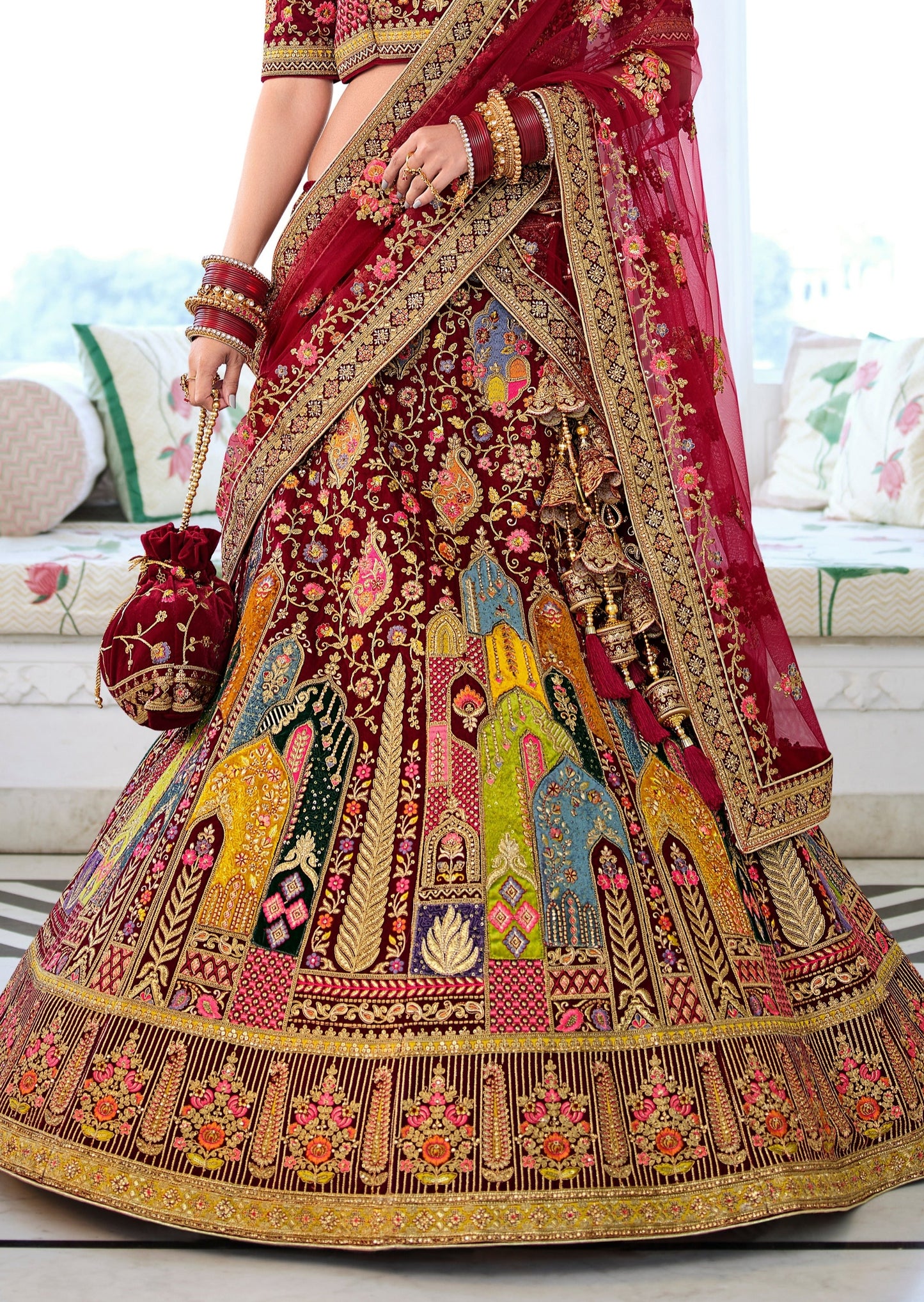 Maroon Multicolor Designer Bridal Lehenga