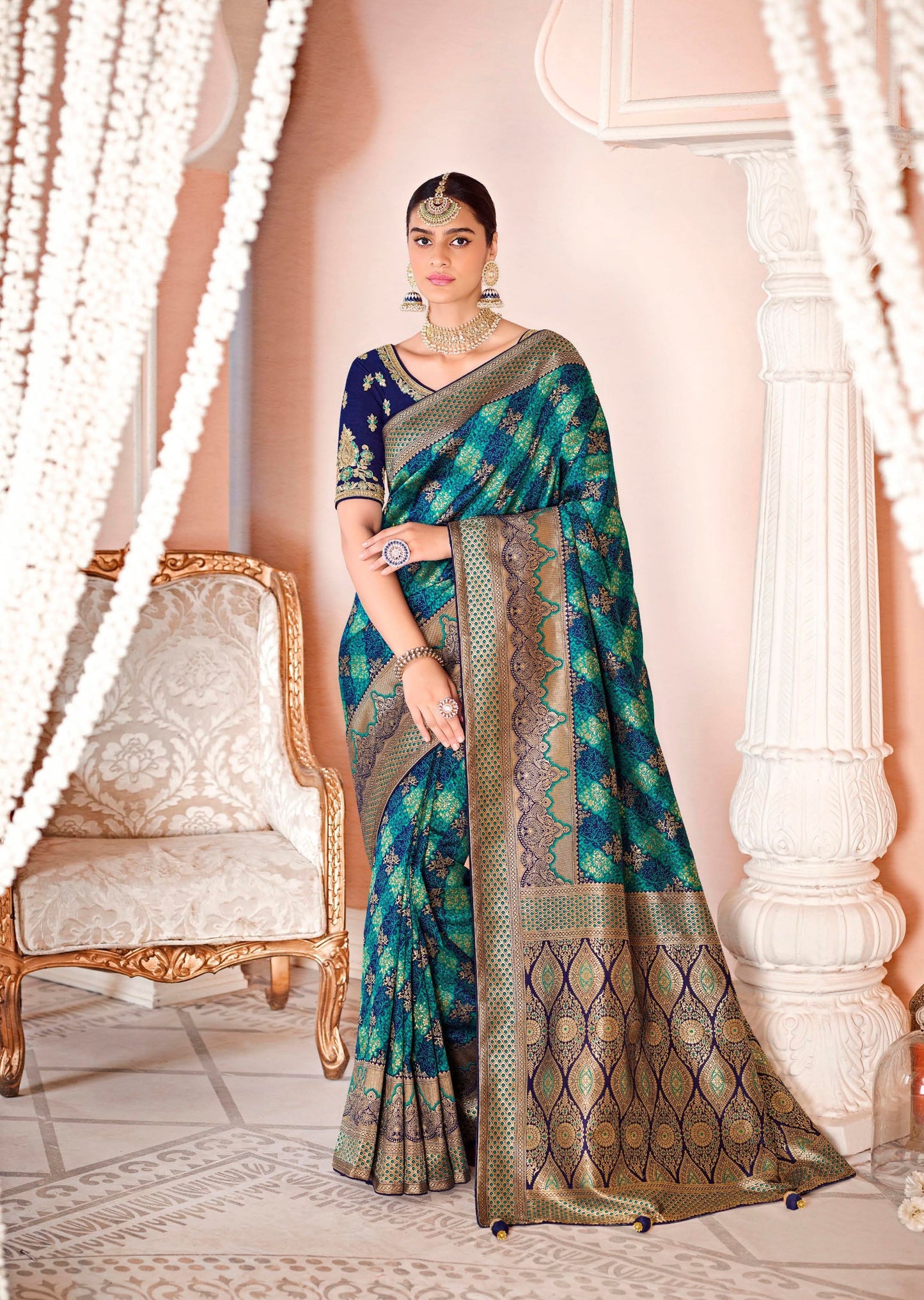 Banarasi Silk Peacock Blue Bridal Handwork Embroidery Saree Contrast Blouse