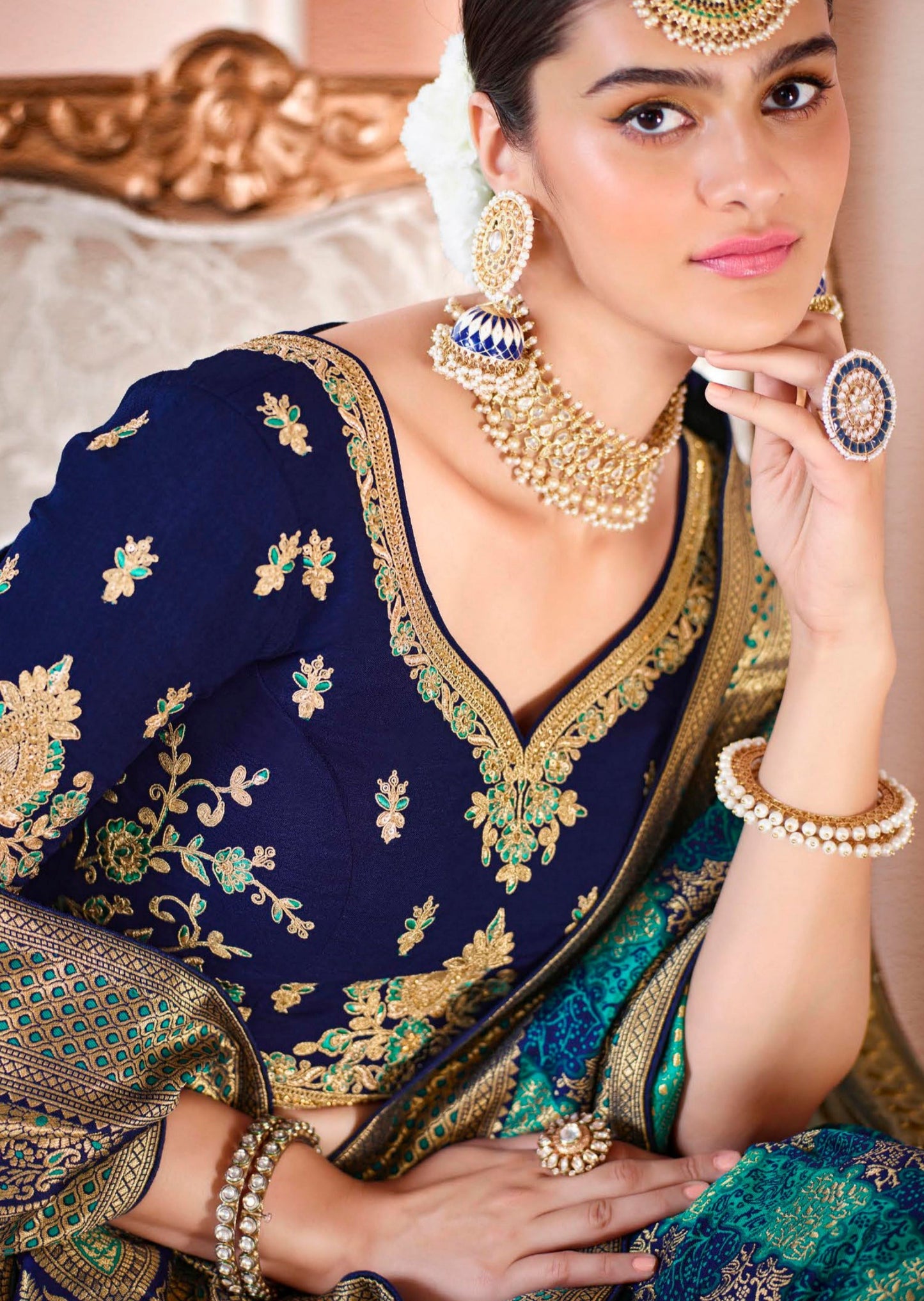 Banarasi Silk Peacock Blue Bridal Handwork Embroidery Saree Contrast Blouse