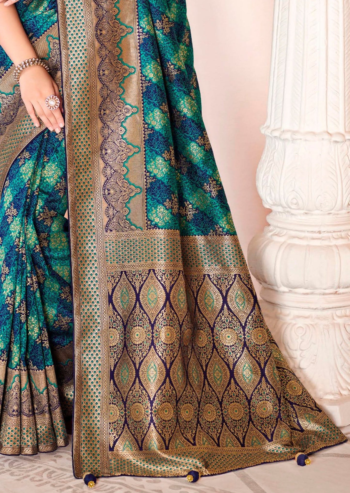 Banarasi Silk Peacock Blue Bridal Handwork Embroidery Saree Contrast Blouse
