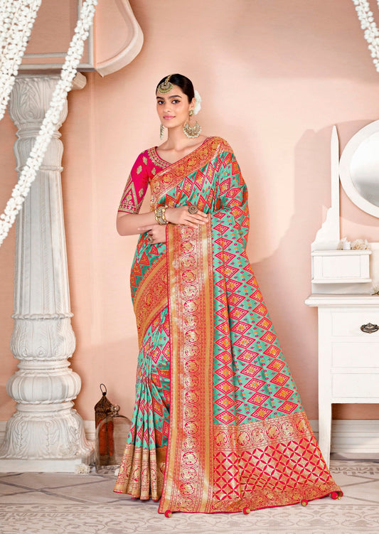 Mysha Silk Orange and Sky Blue Bridal Saree
