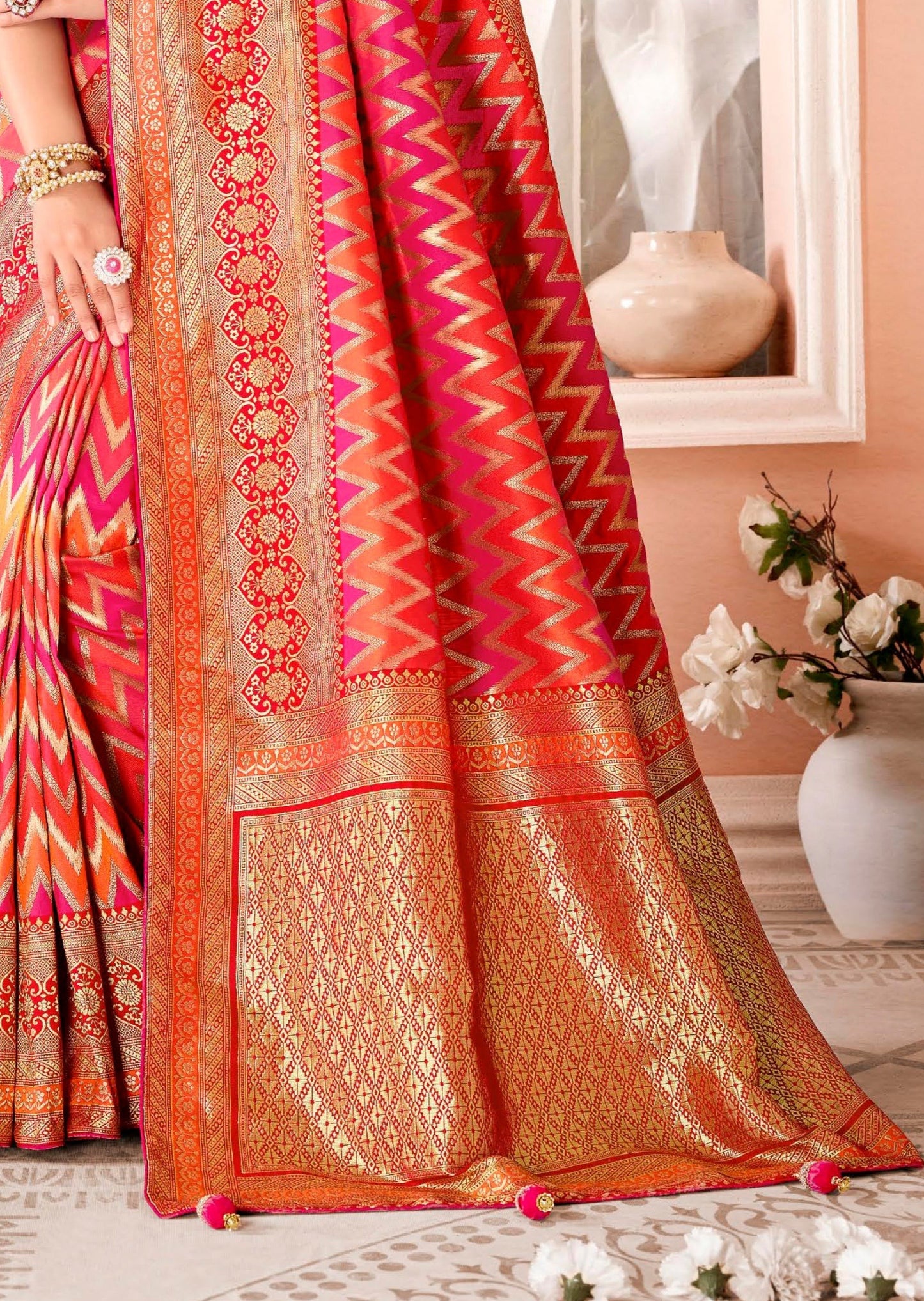 Mysha Silk Orange and Pink Bridal Saree