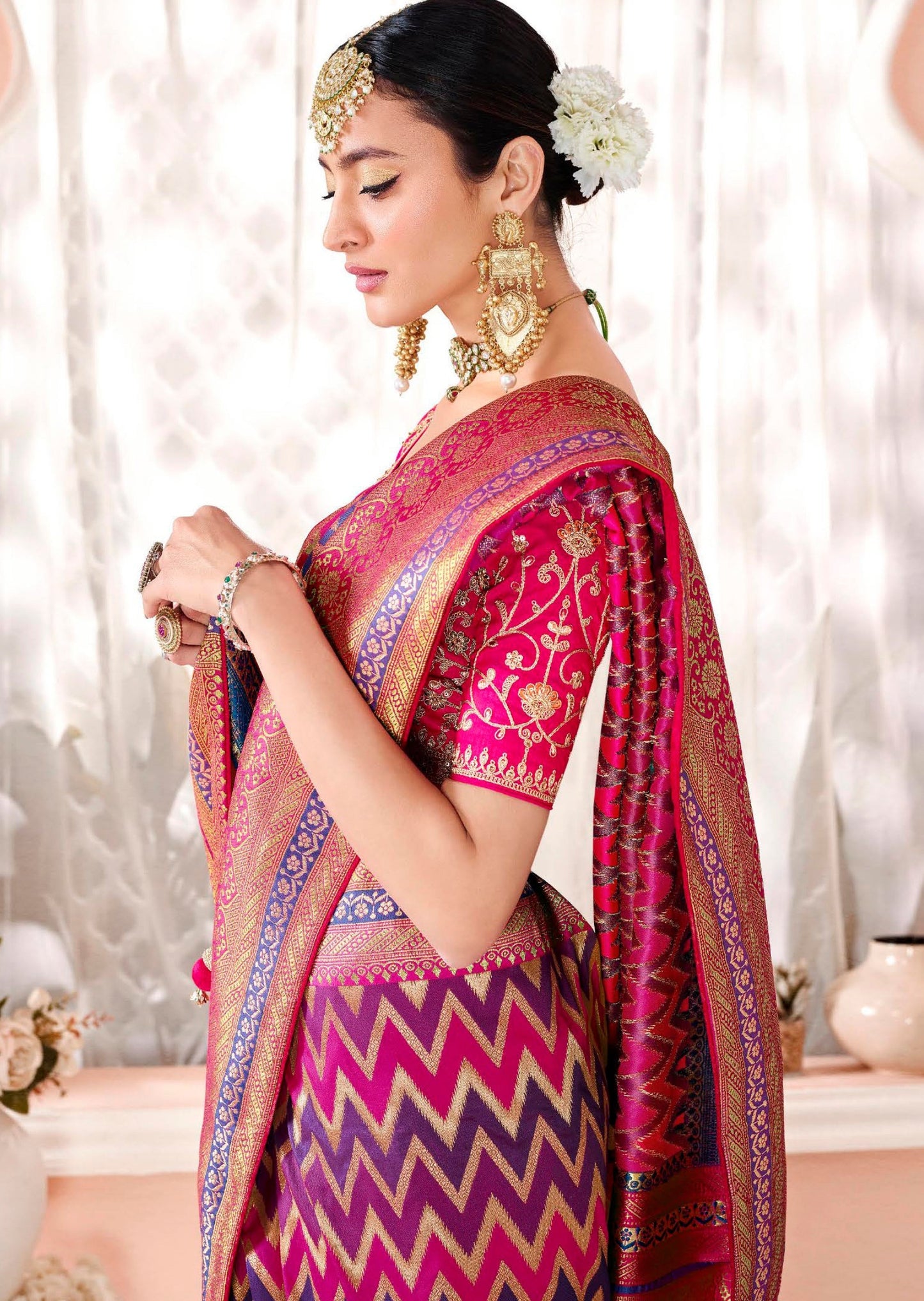 Mysha Silk Violet and Pink Bridal Saree