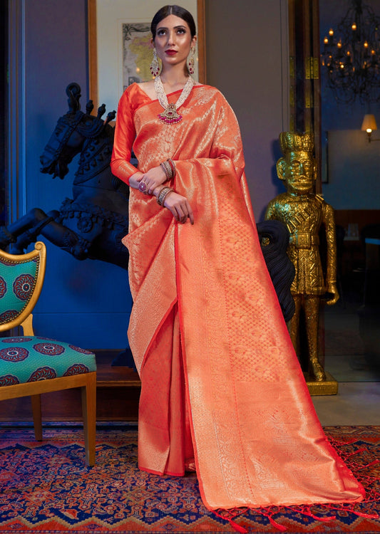 Pure Handloom Silk Orange Kanjivaram Saree
