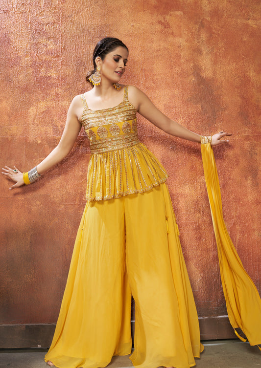 Ira Yellow Short Anaarkali Palazzo Suit