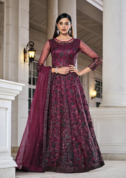 Burgundy Red and Black Anarkali Suit