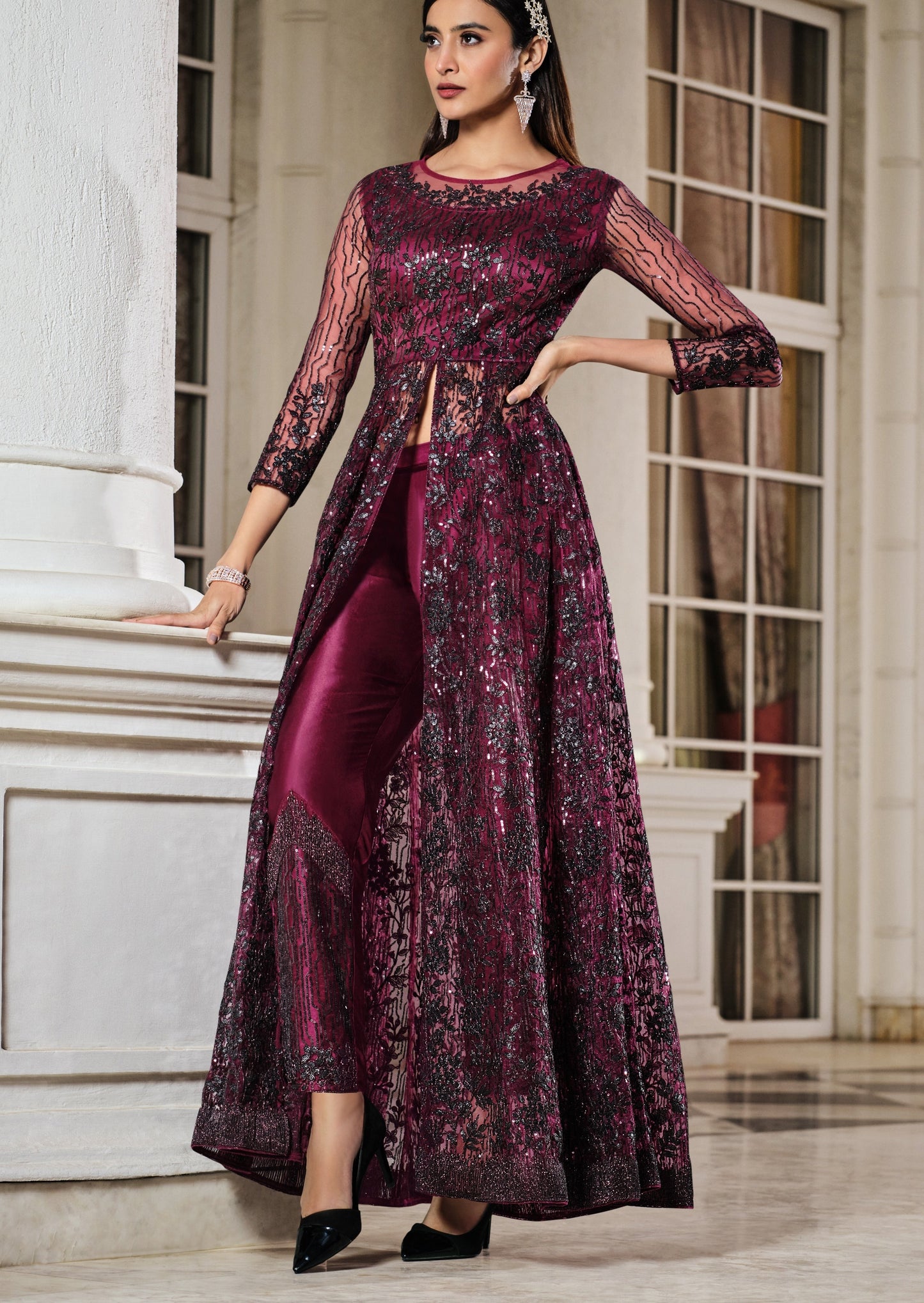 Burgundy Red and Black Anarkali Suit