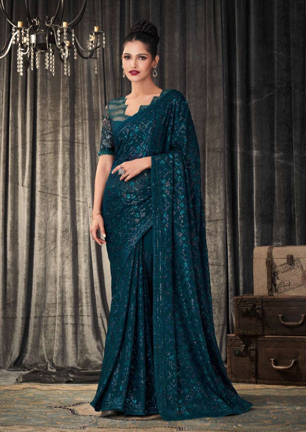 Party Wear Georgette Teal Blue Sequins Saree Online India Best Price –  Sunasa
