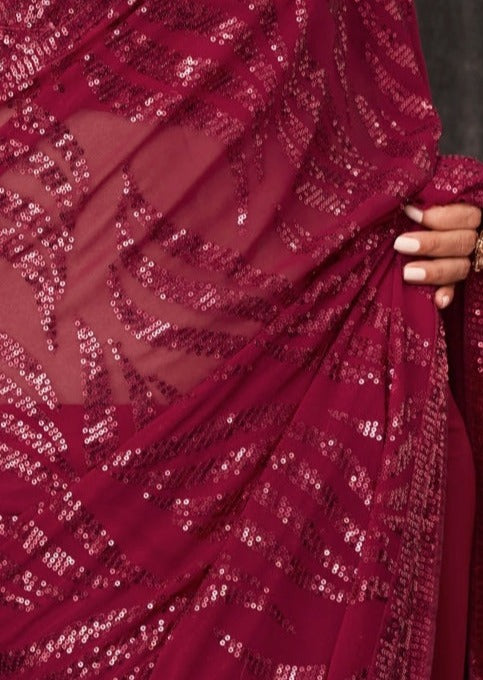 Red Sequins Georgette Partywear Saree