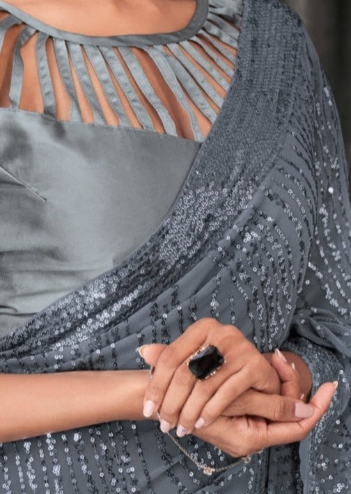 Party Wear Georgette Grey Sequins Saree
