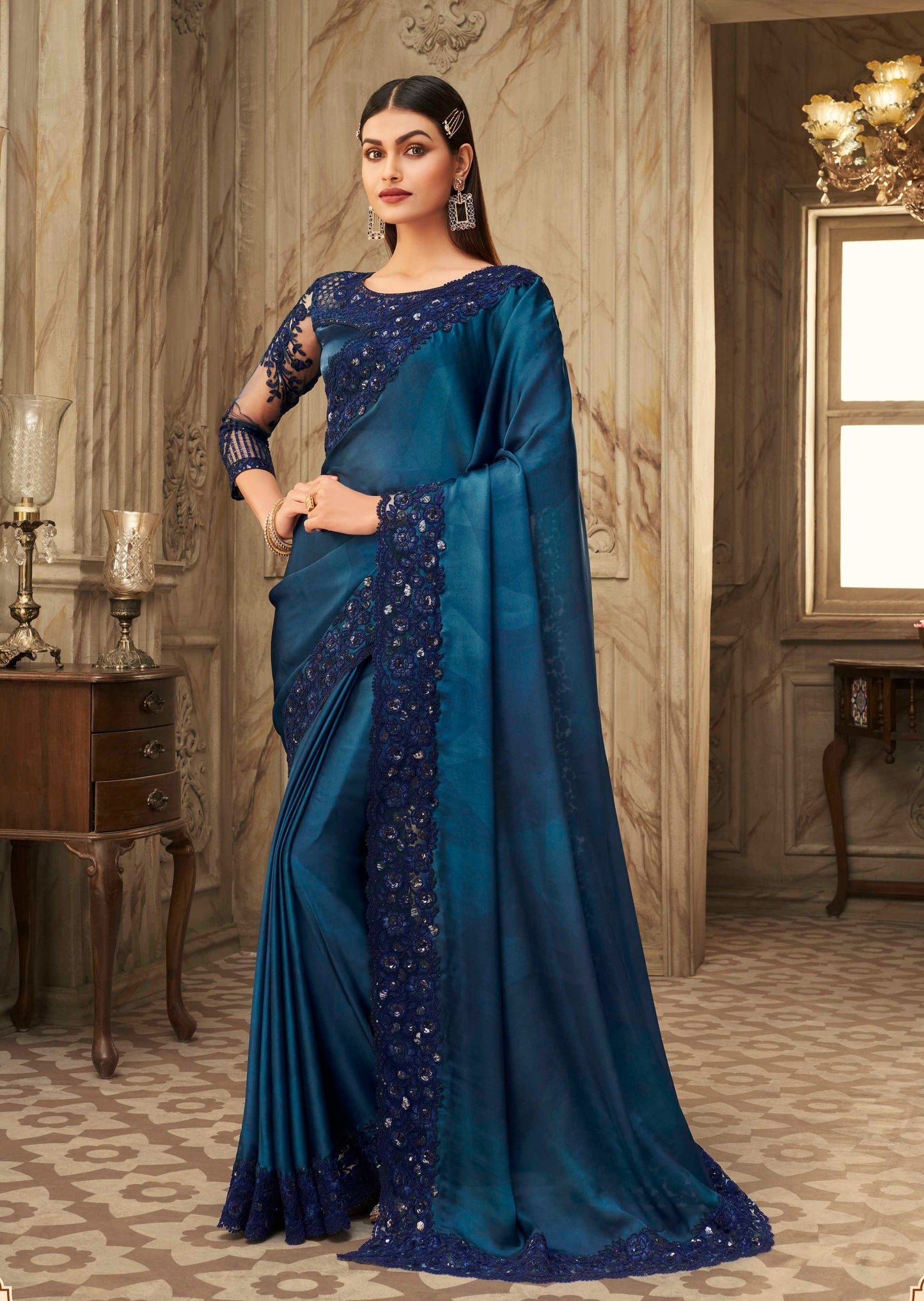 Embroidered Satin Silk Electric Blue Saree