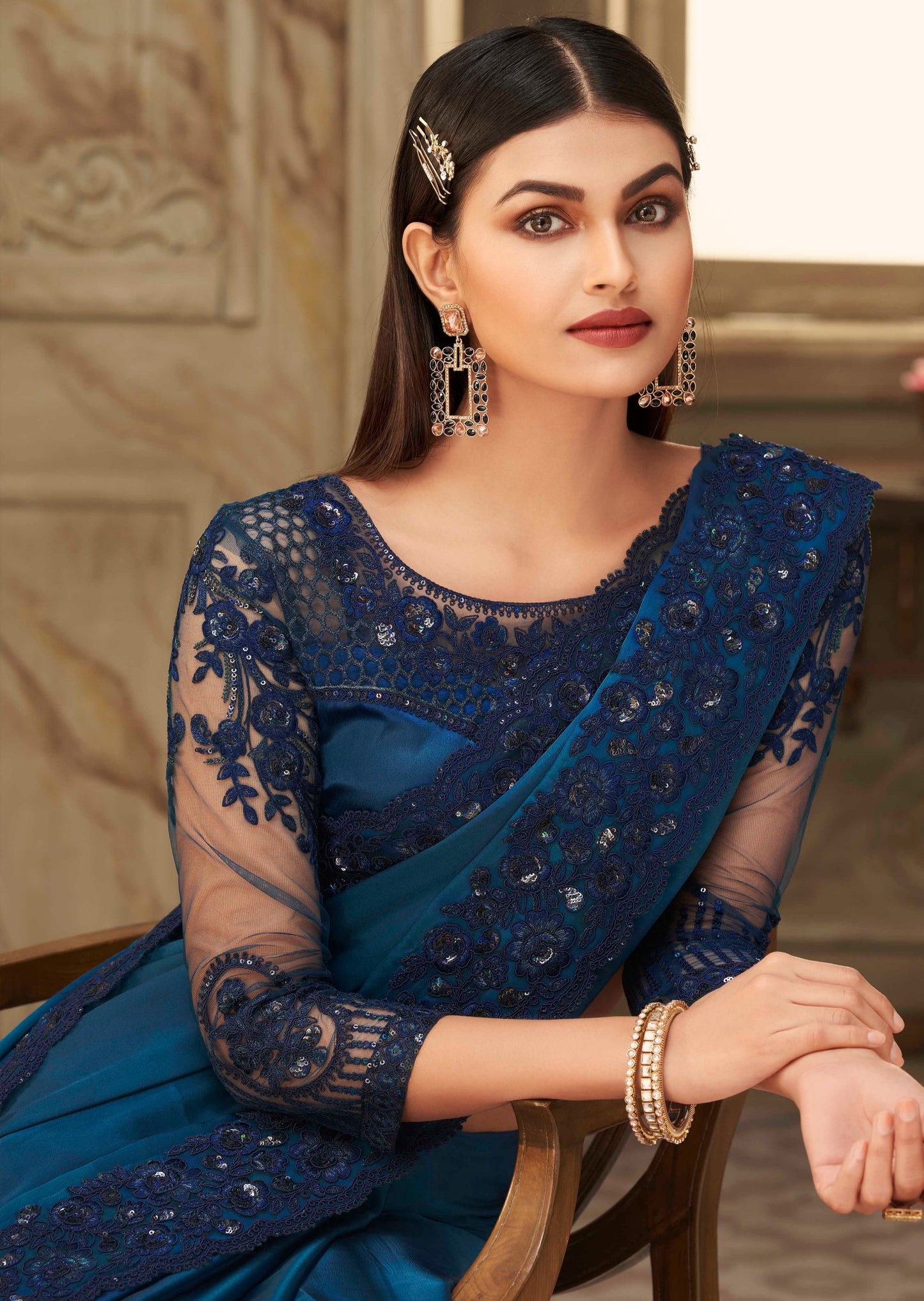 Embroidered Satin Silk Electric Blue Saree