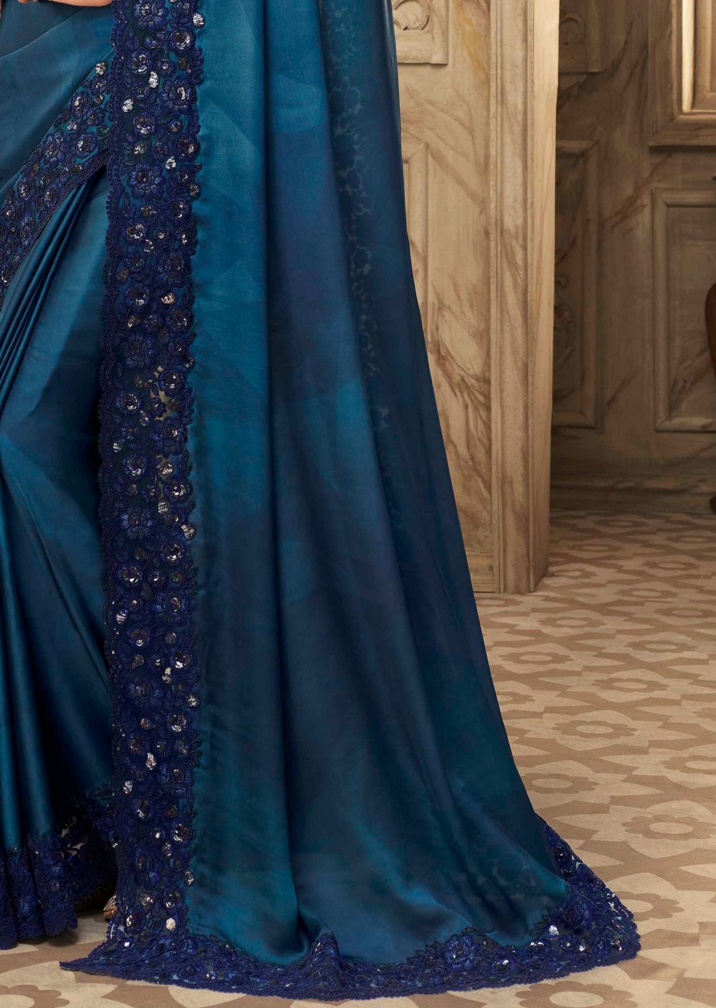 Embroidered Satin Silk Electric Blue Saree