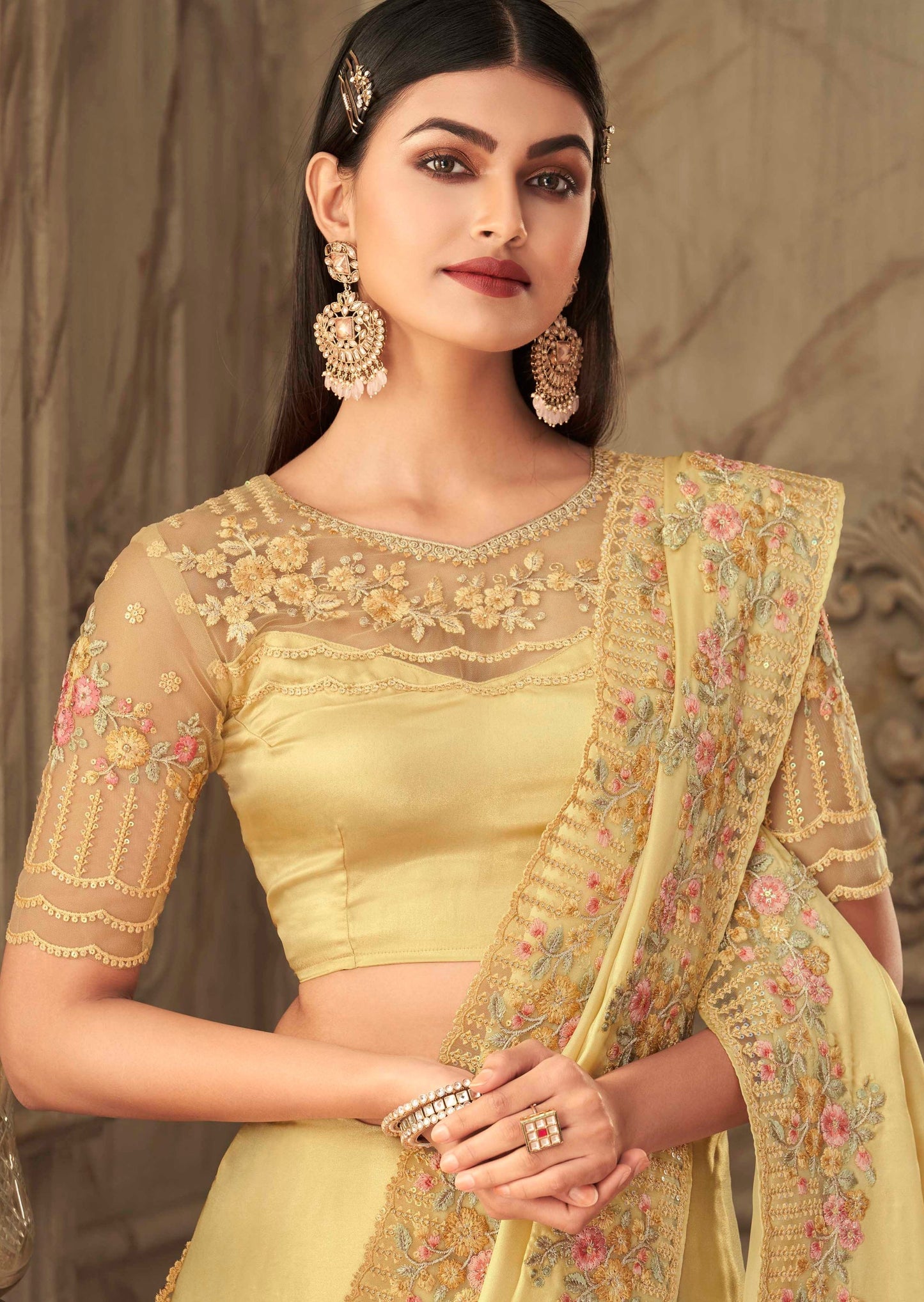Designer Satin Silk Light Gold Saree