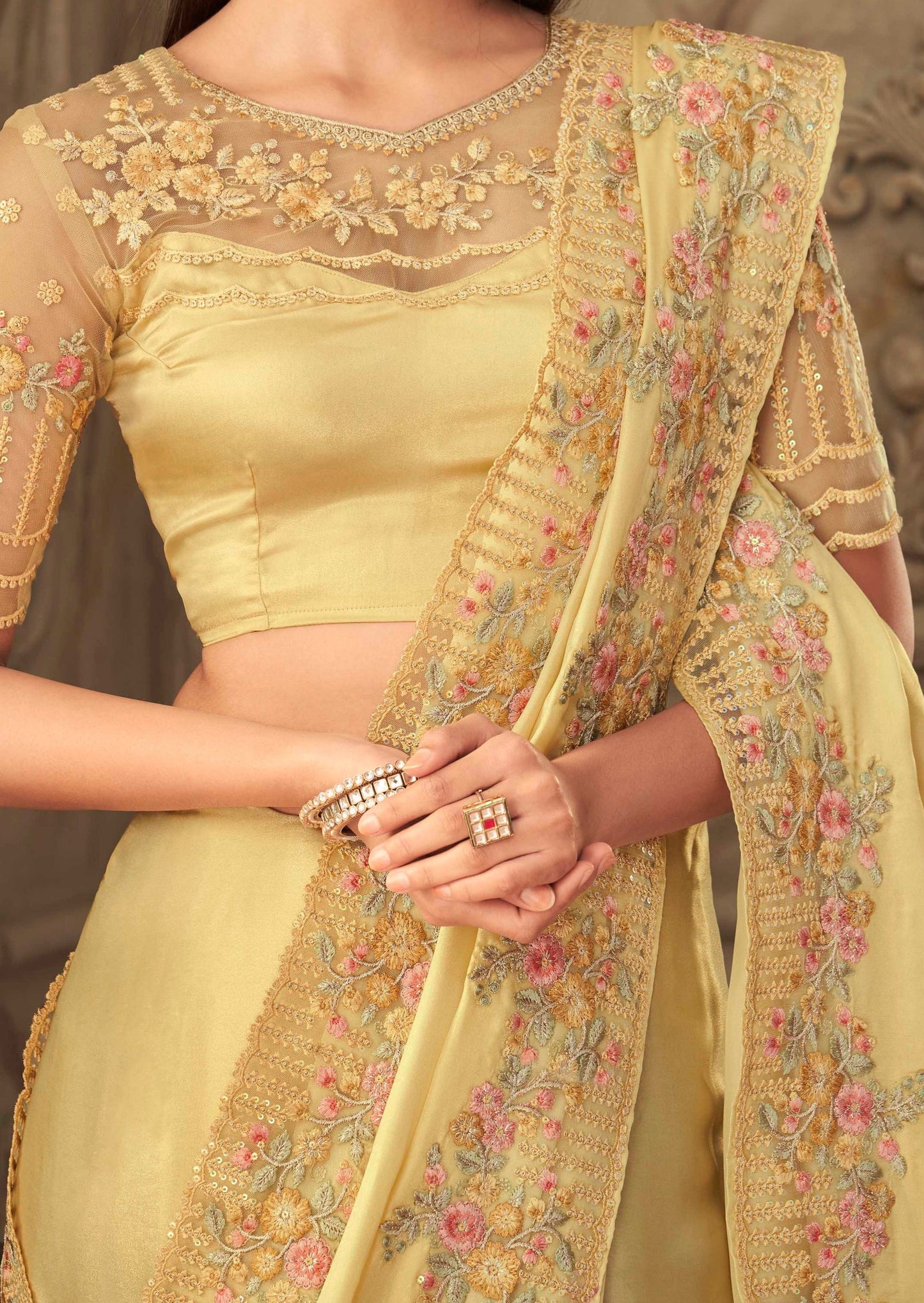 Designer Satin Silk Light Gold Saree