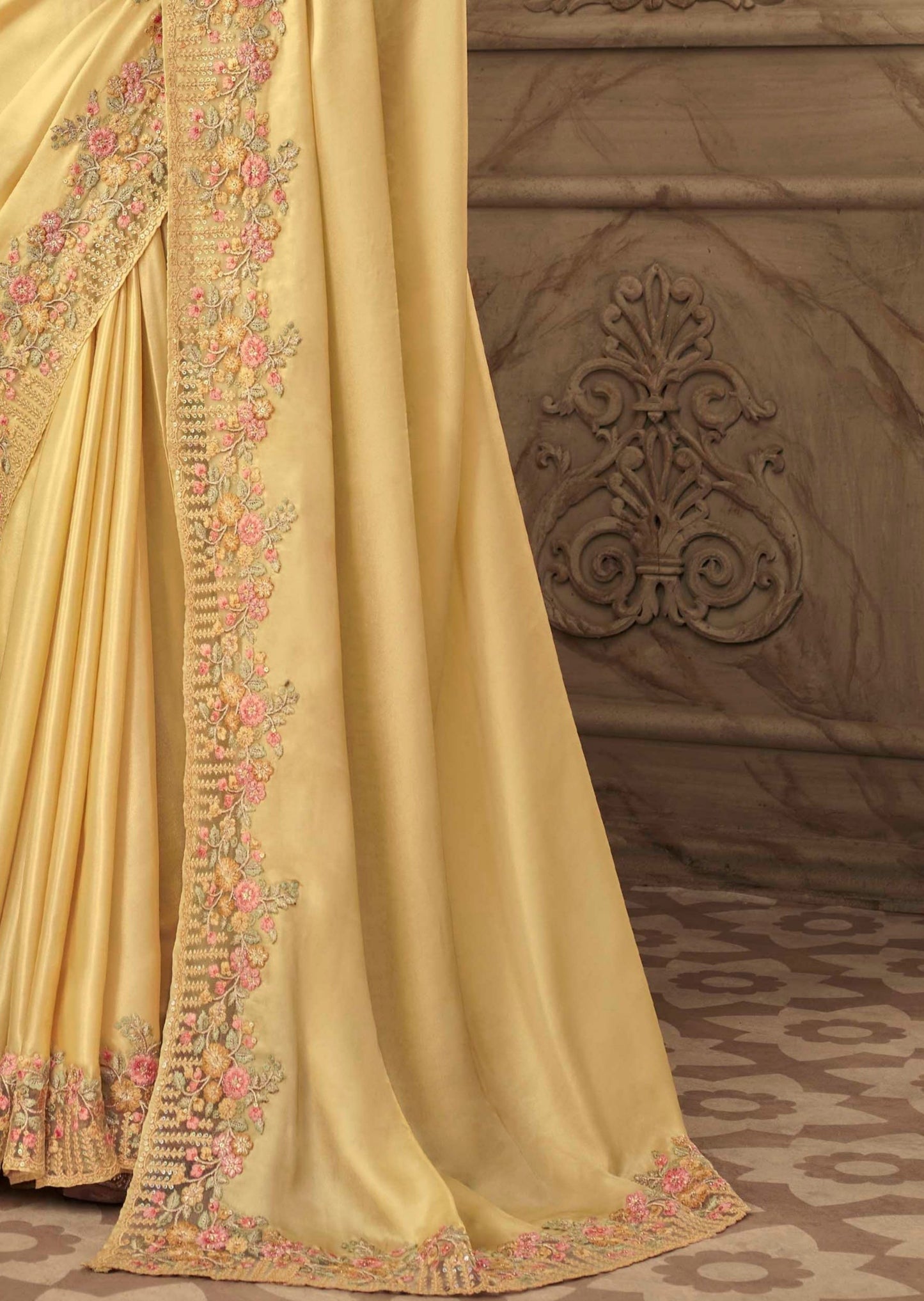 Designer Satin Silk Light Gold Saree