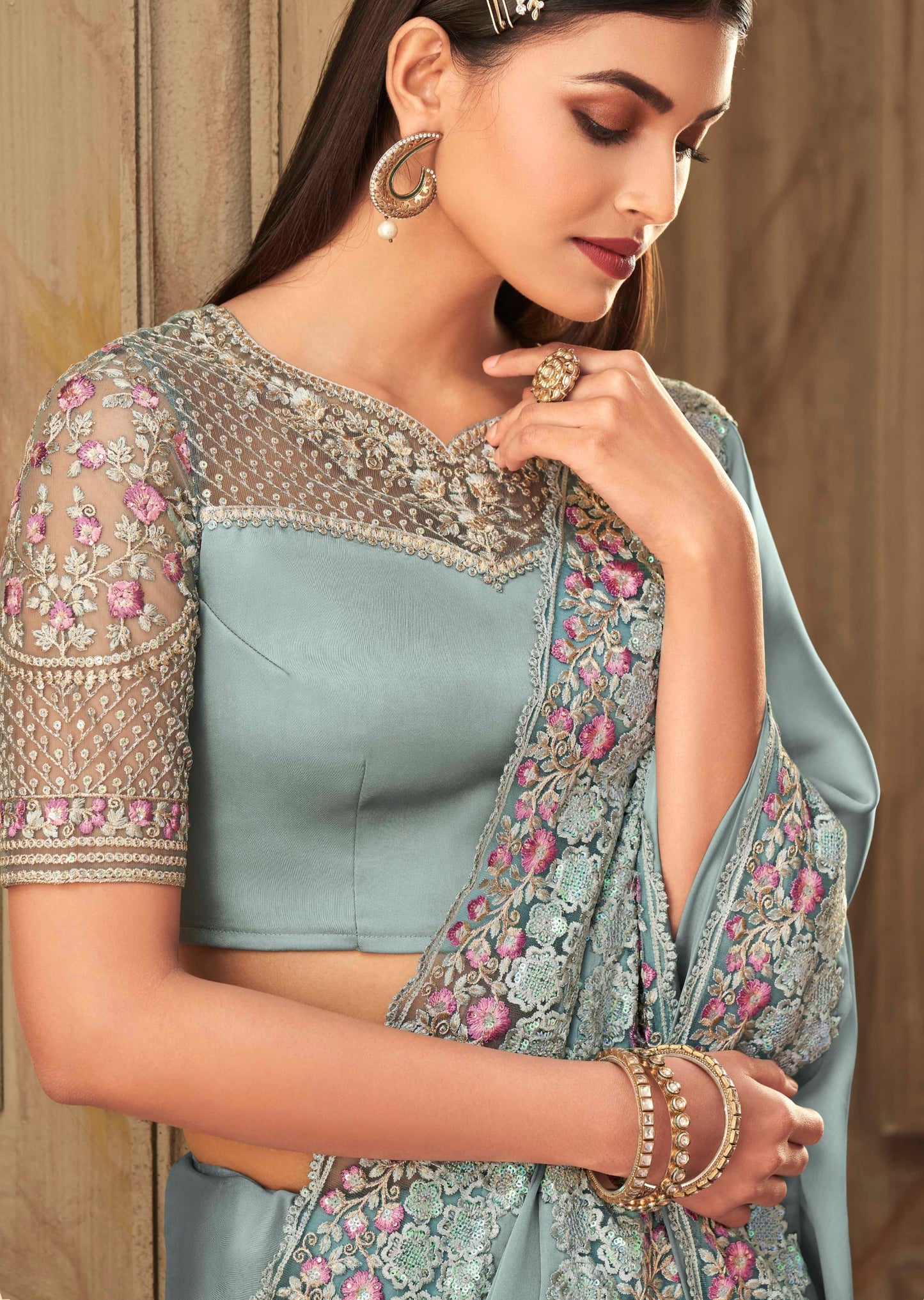 Satin Silk Silver Saree