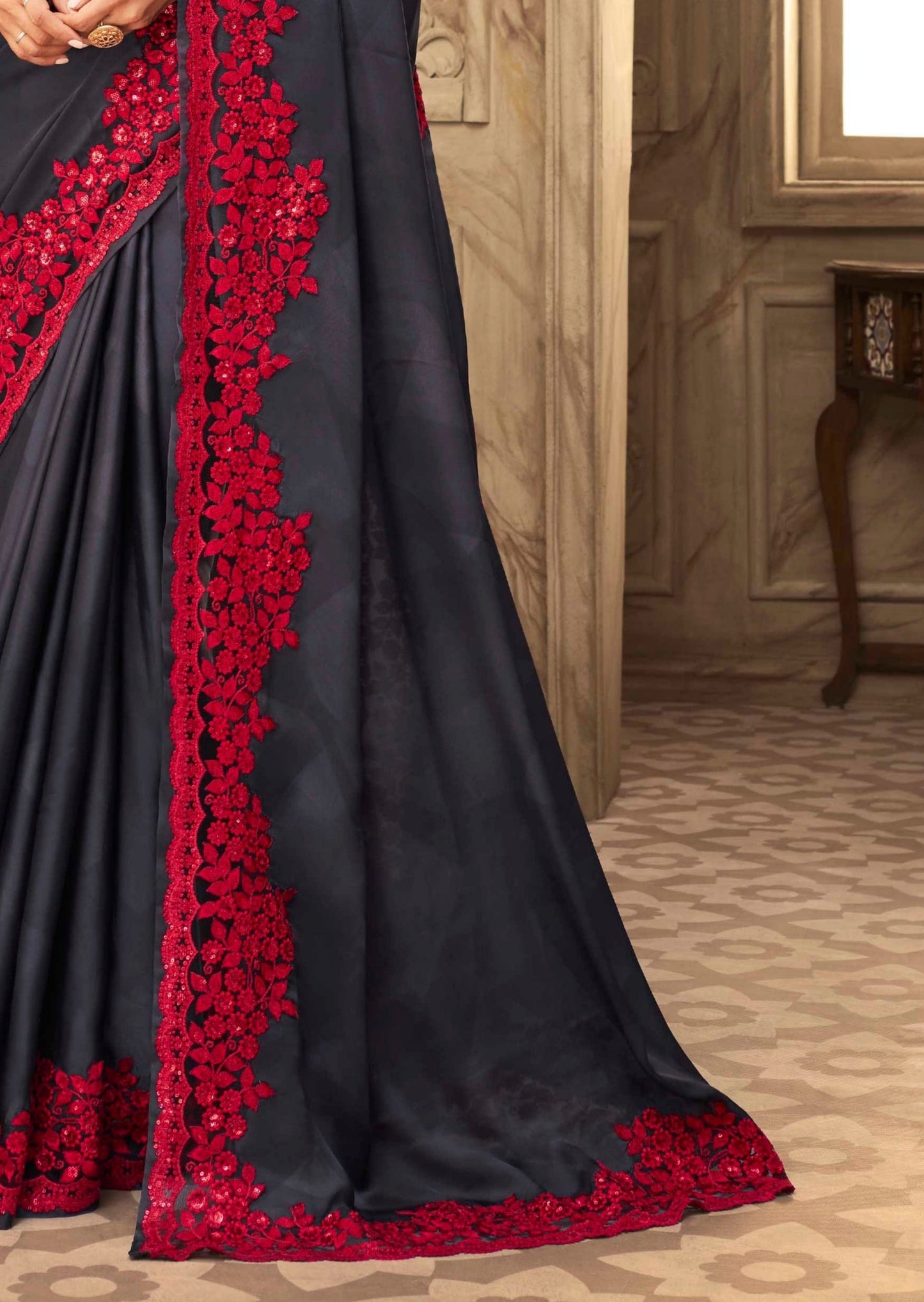 Designer Satin Silk Black Partywear Saree