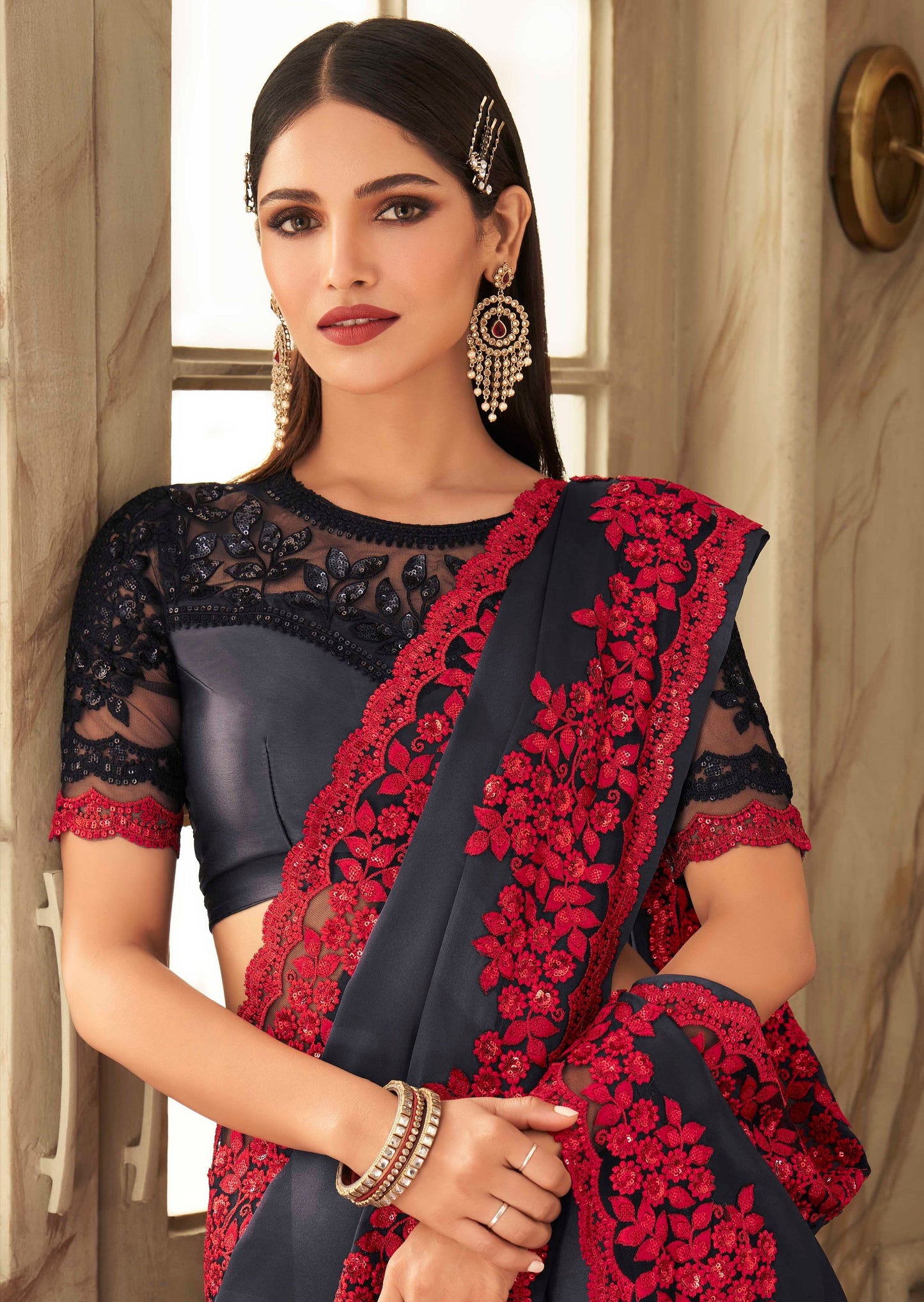 Designer Satin Silk Black Partywear Saree