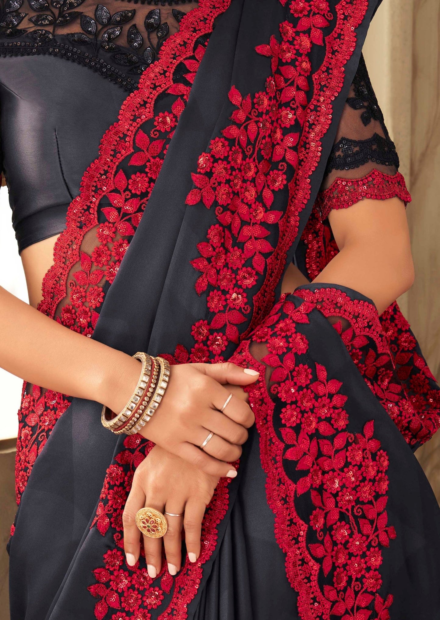 Designer Satin Silk Black Partywear Saree