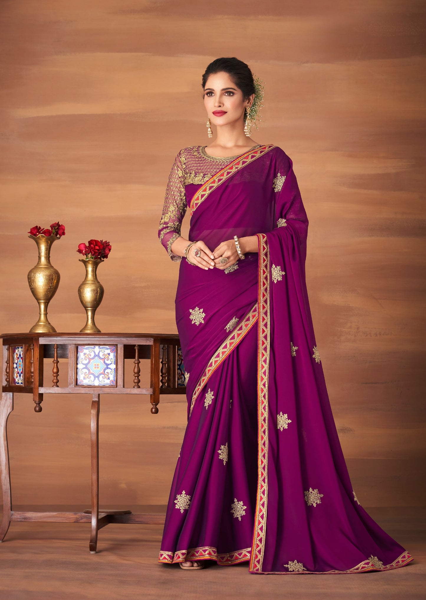 Pure Georgette Magenta Pink Saree
