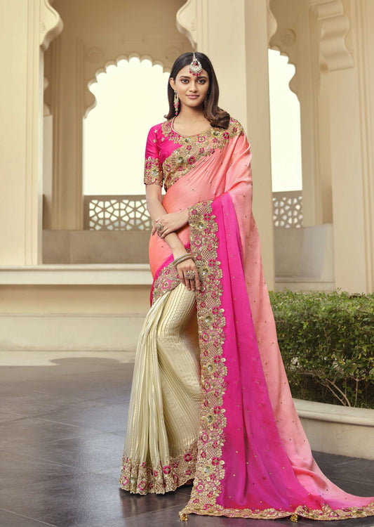 Handwork Organza Cream and Pink Designer Saree