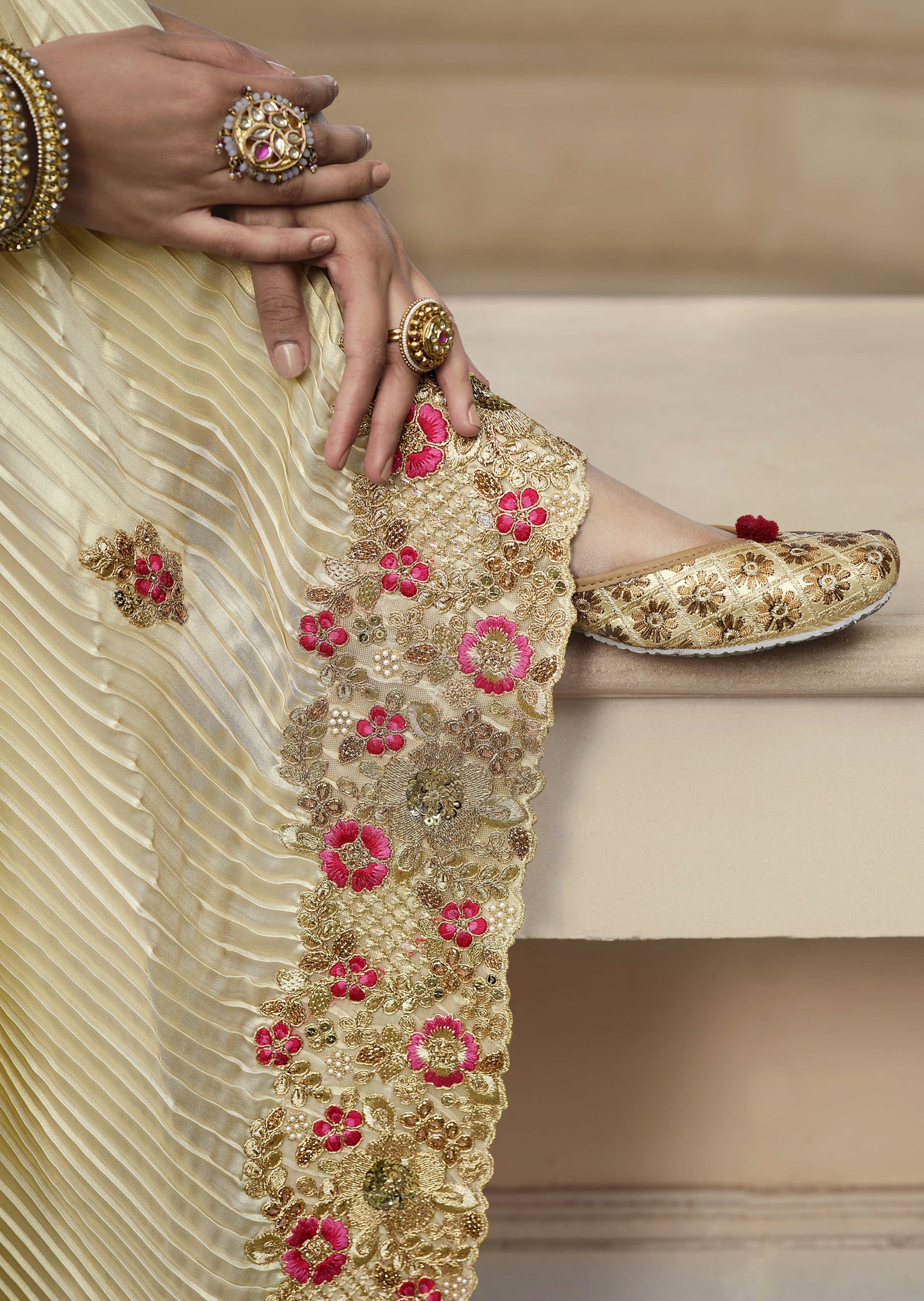 Handwork Organza Cream and Pink Designer Saree