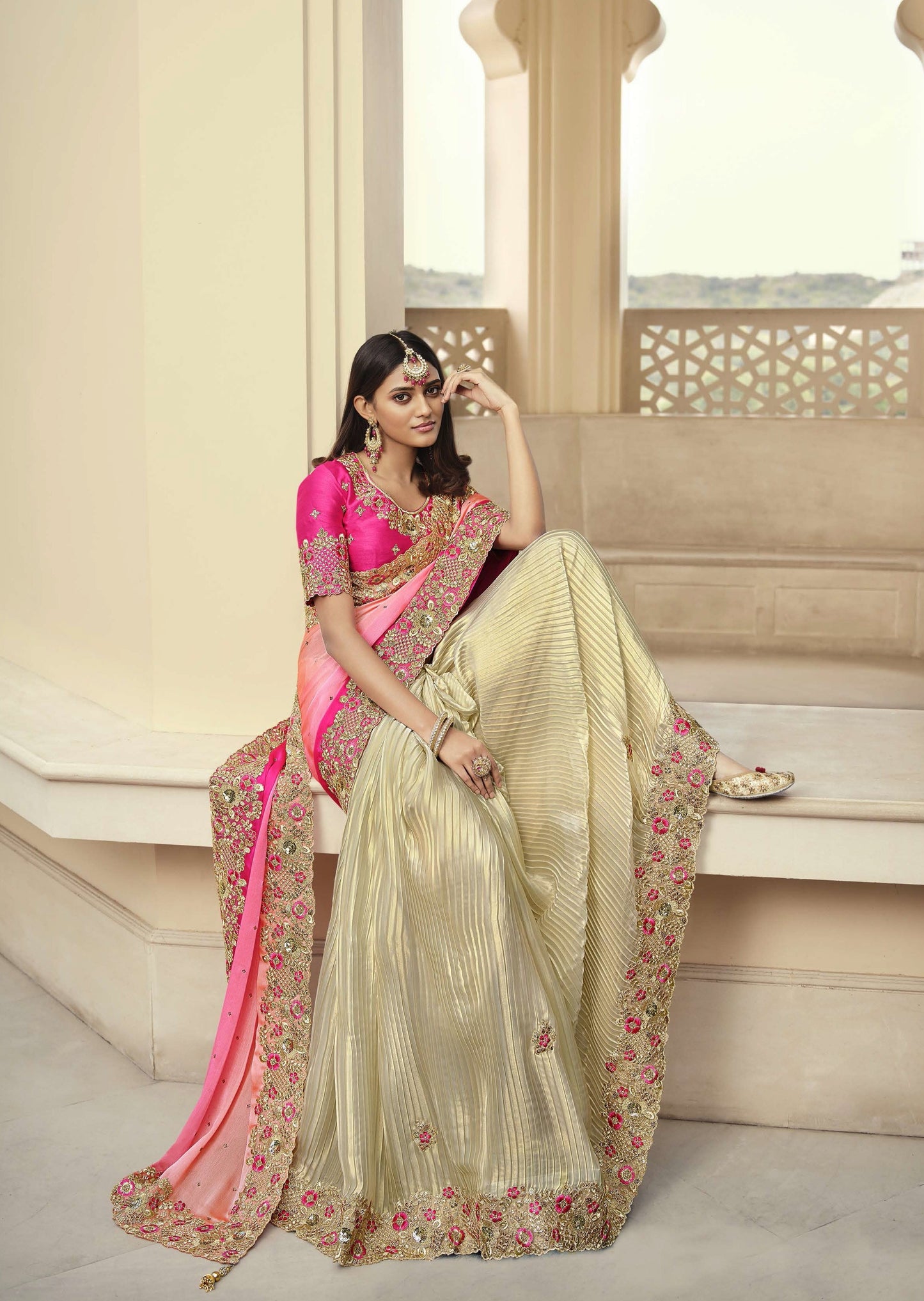 Handwork Organza Cream and Pink Designer Saree