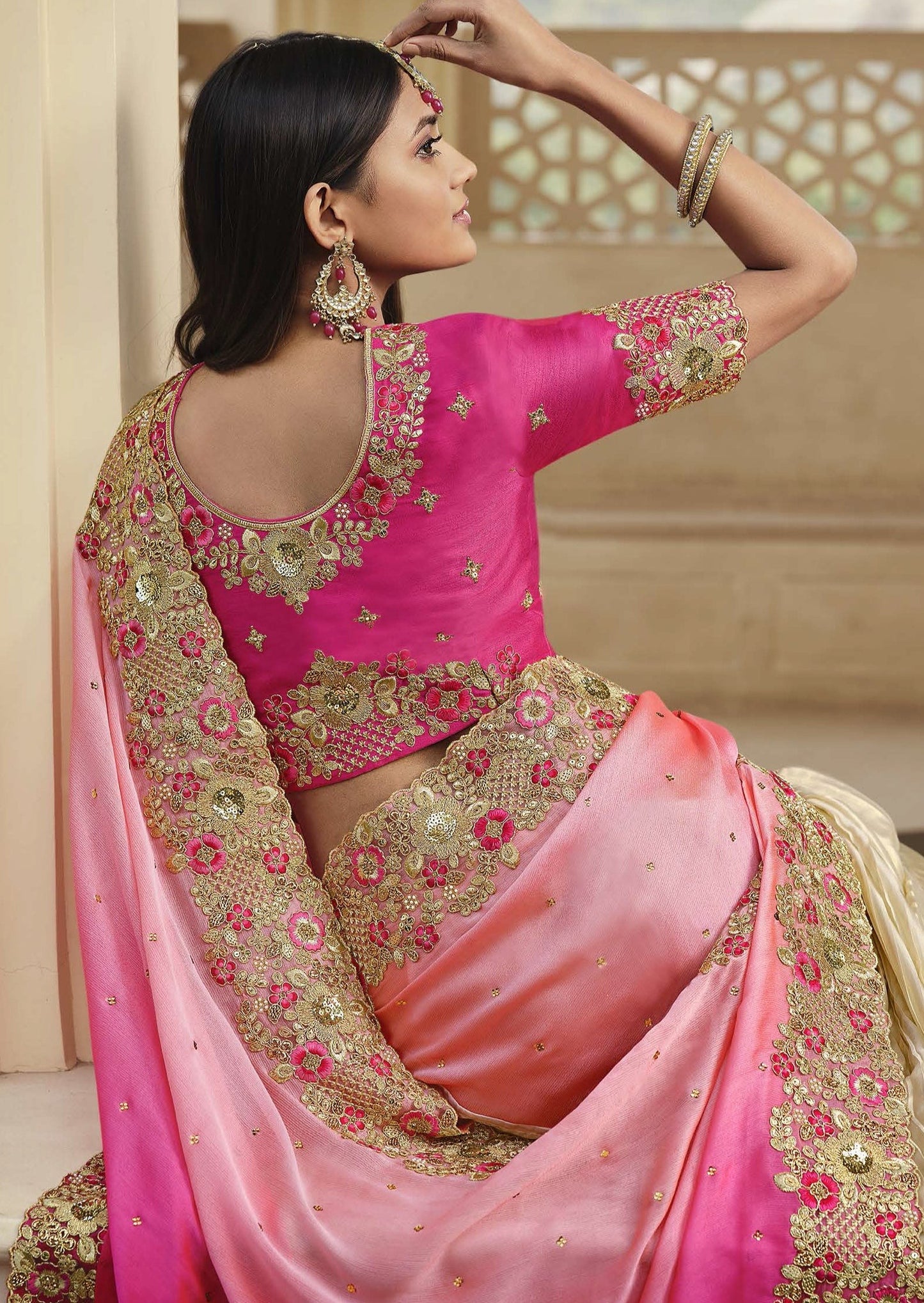 Handwork Organza Cream and Pink Designer Saree