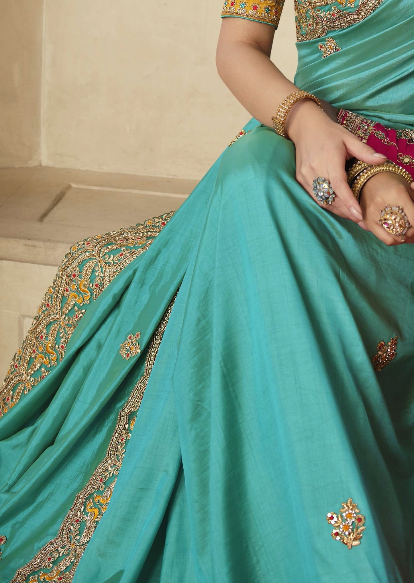 Soft Organza Turquoise Blue Designer Saree