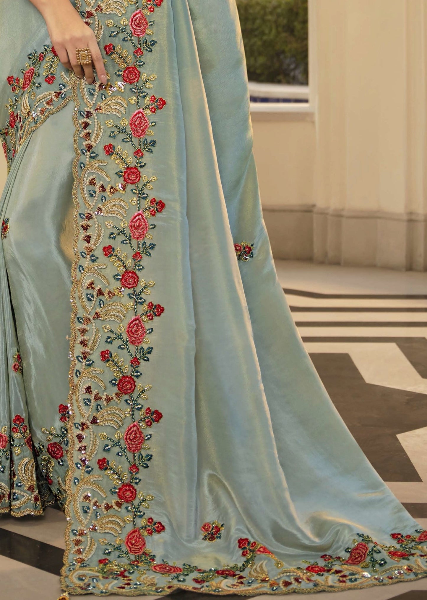 Handwork Organza Pastel Blue Designer Saree