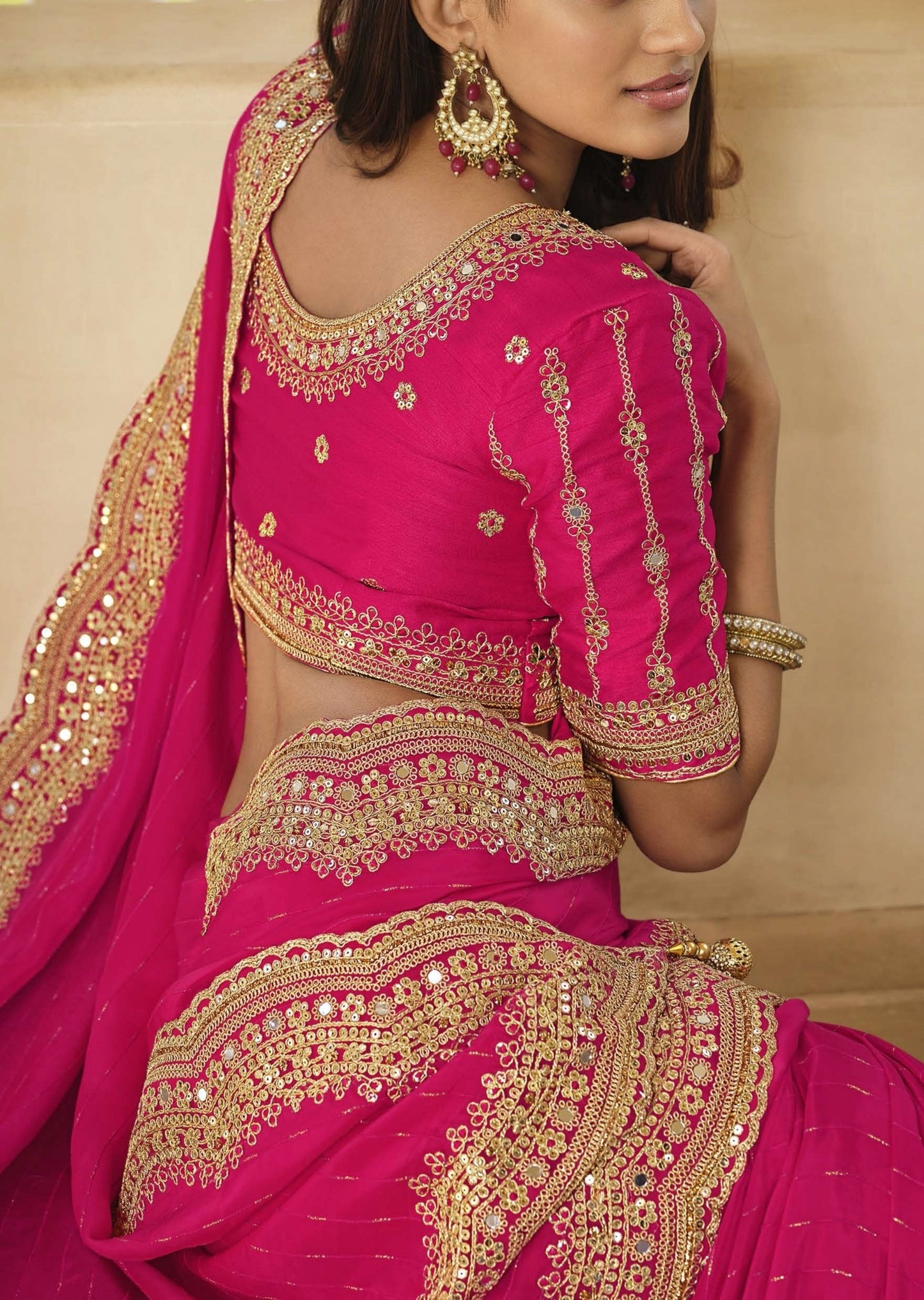 Handwork Organza Hot Pink Designer Saree