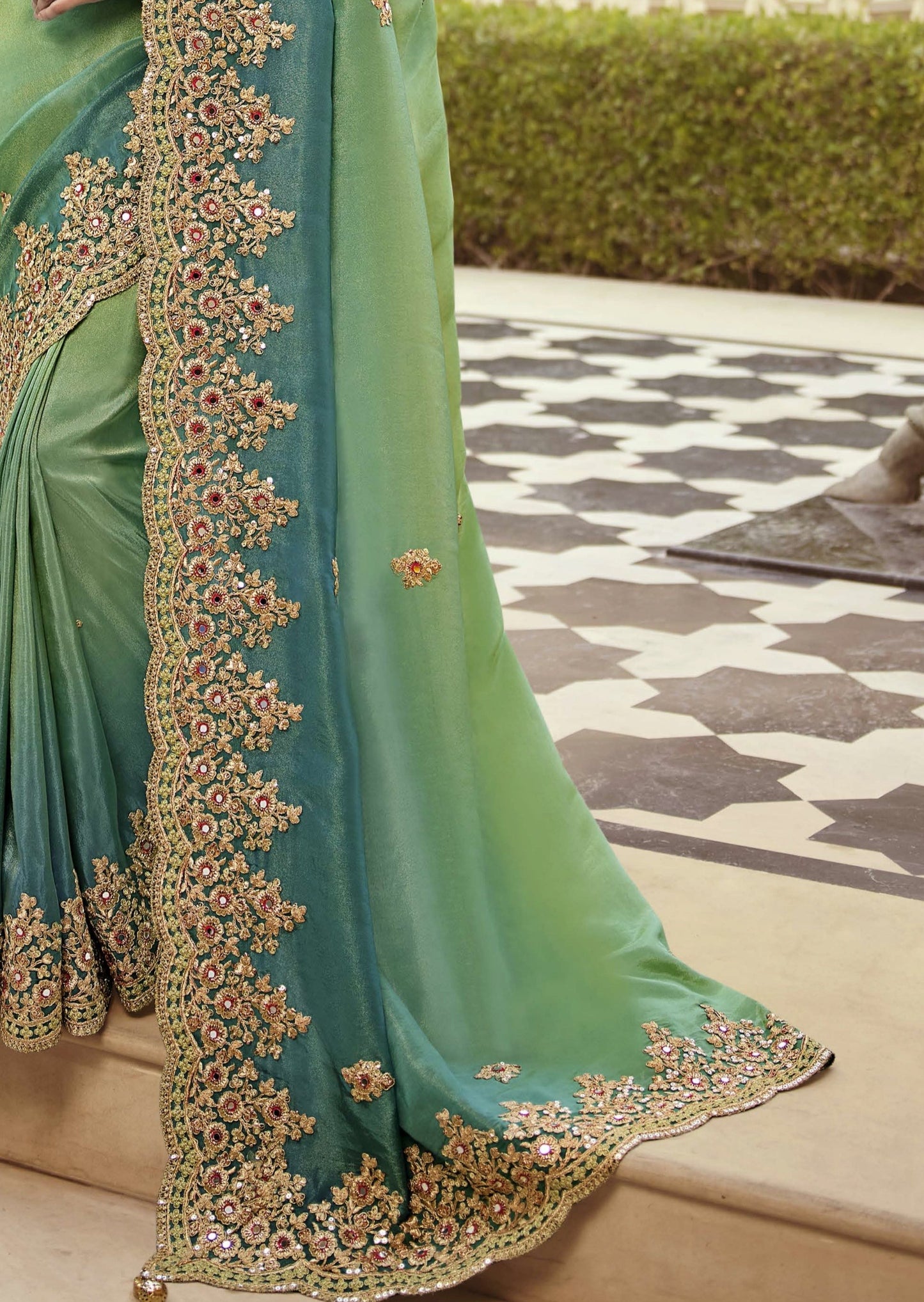 Handwork Organza Silk Mint Green Designer Saree