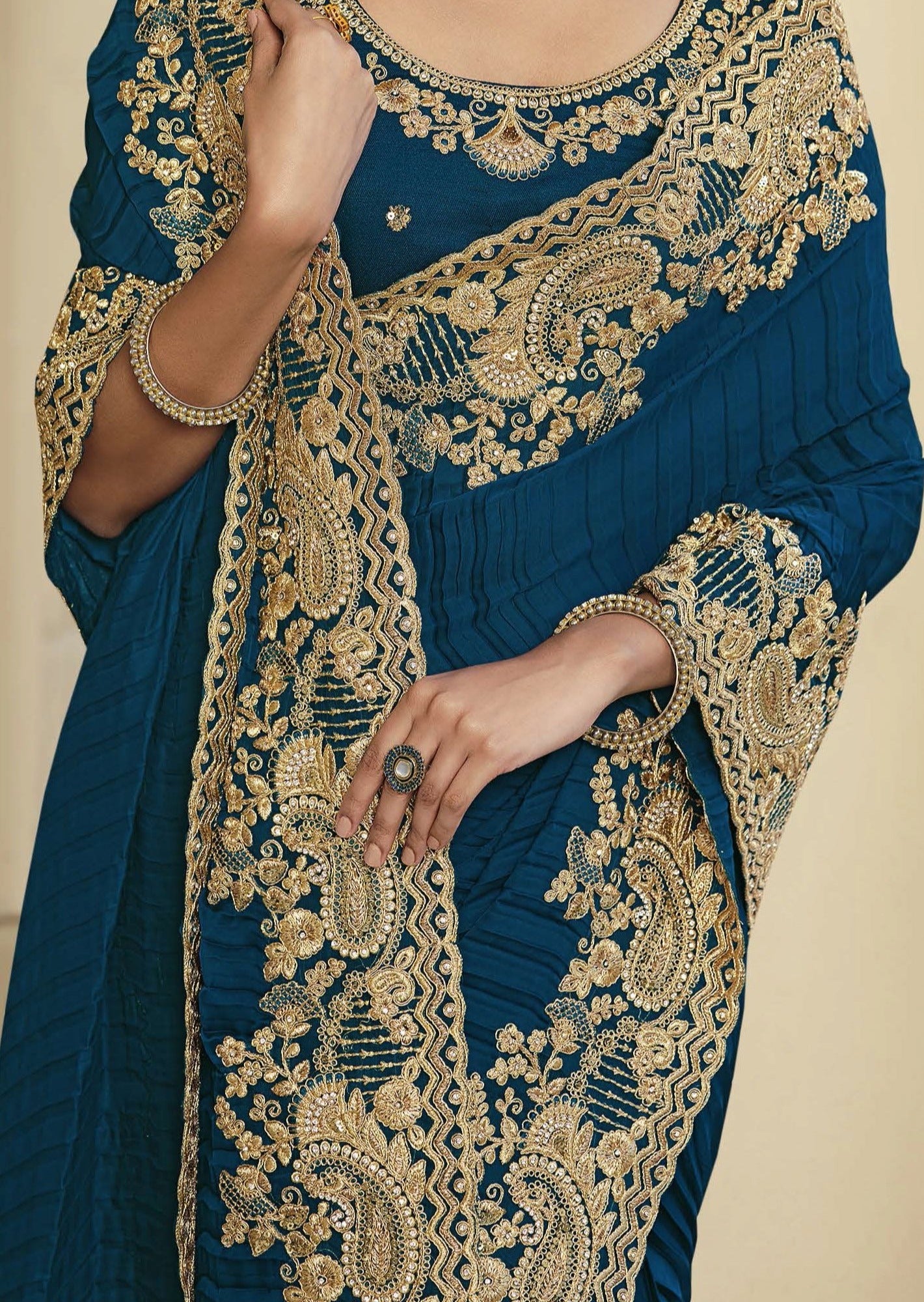 Viscose Silk Ink Blue Designer Saree
