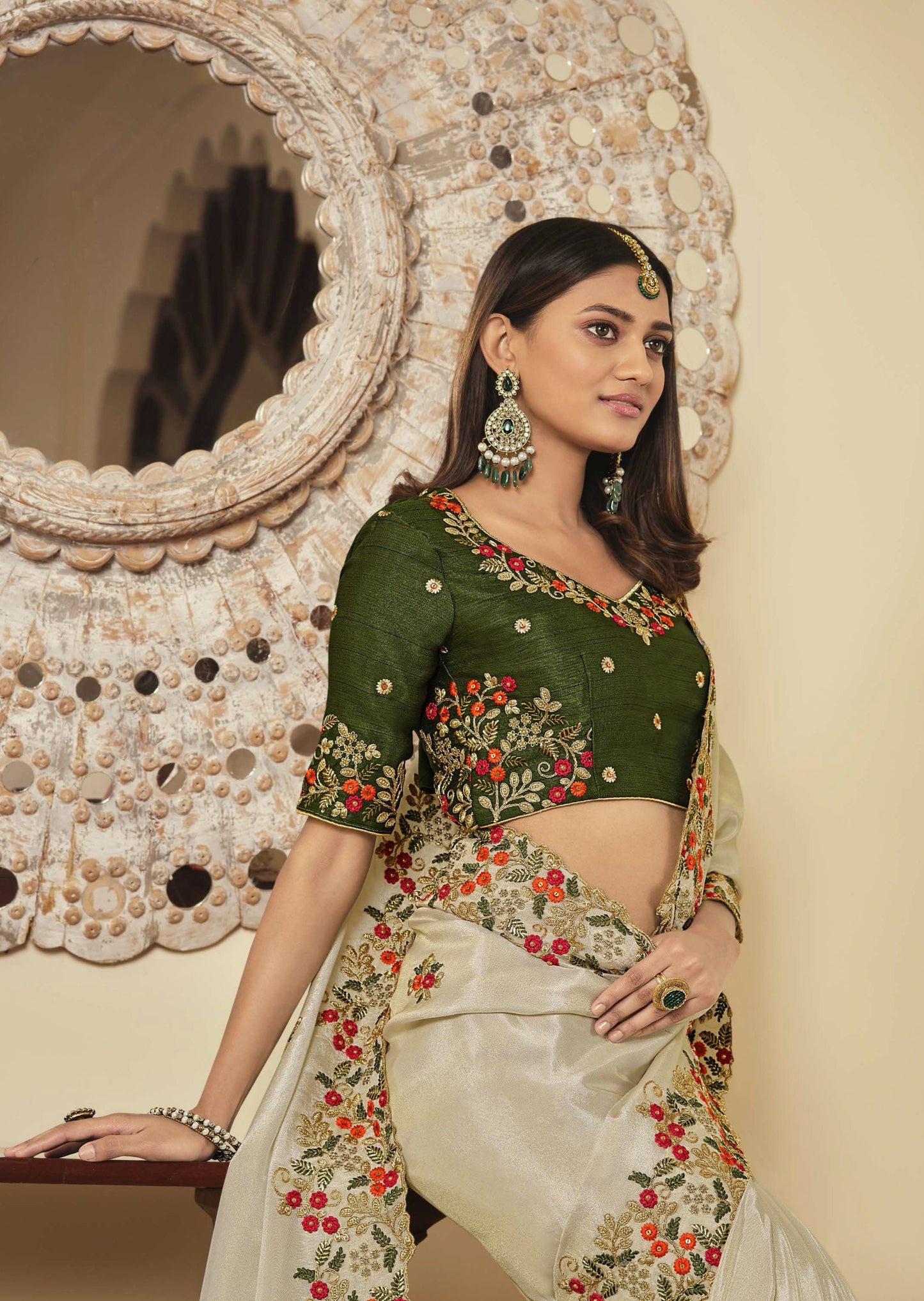 Handwork Organza Off White Designer Saree