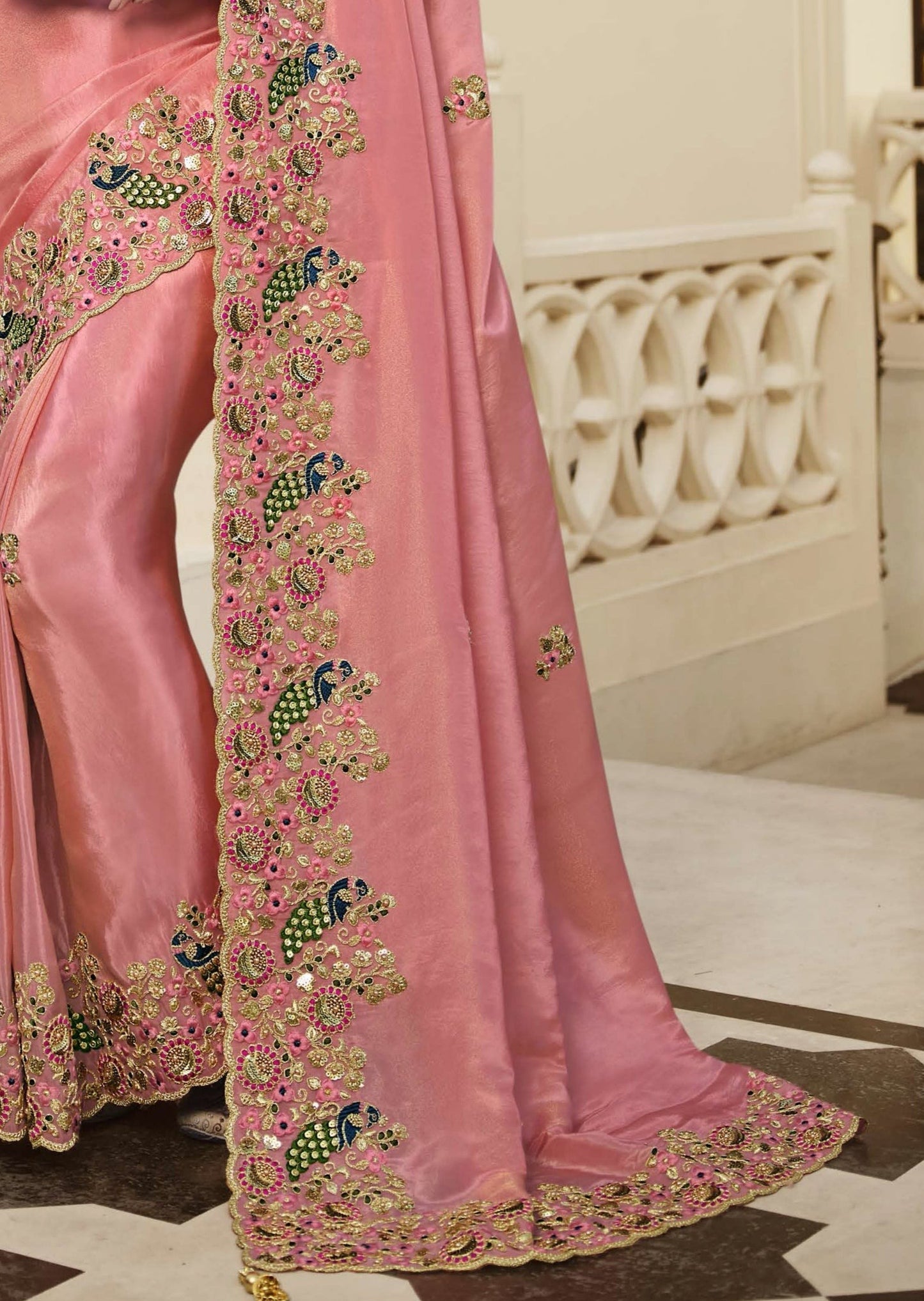 Handwork Organza Rose Pink Designer Saree