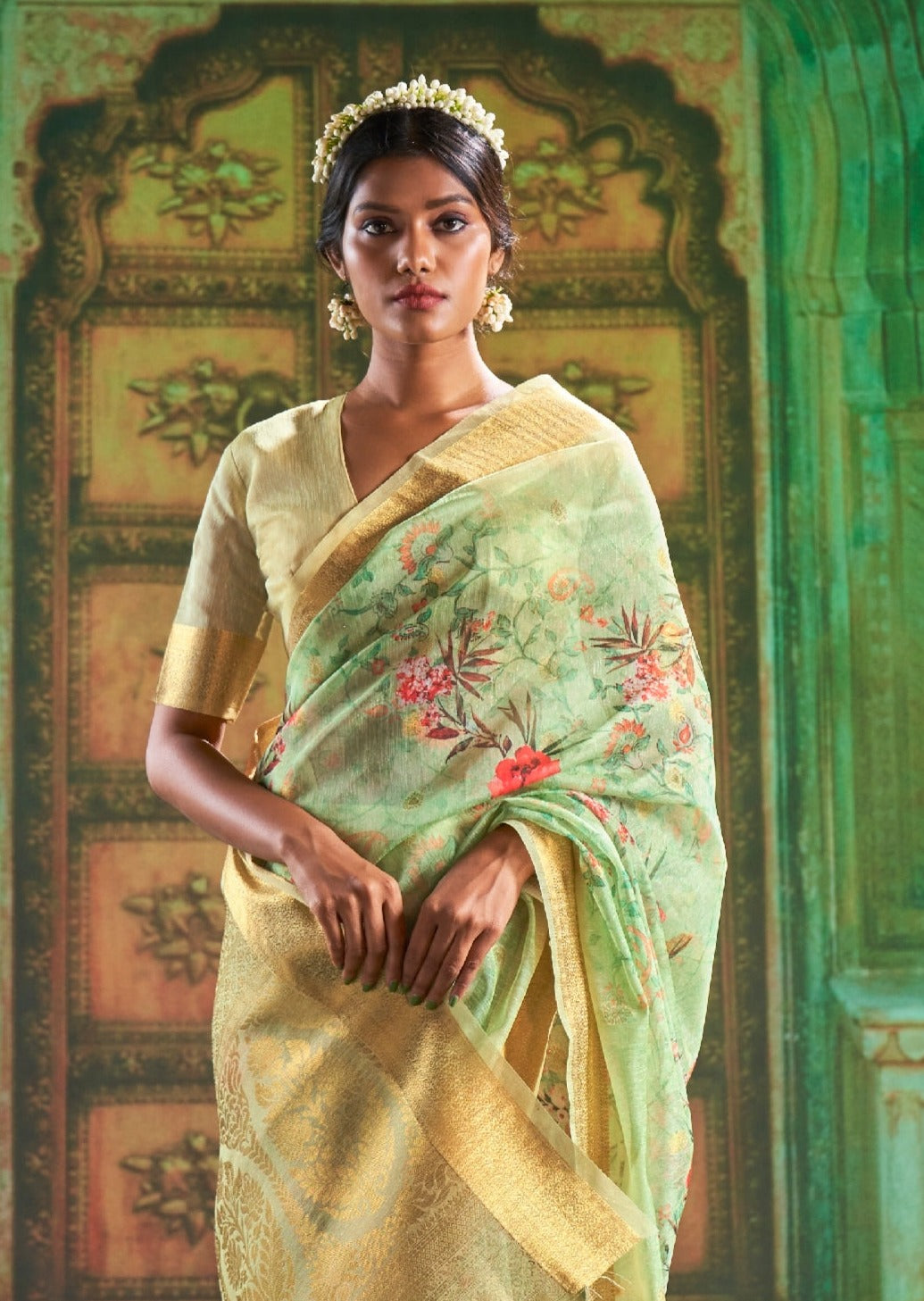 Pure Linen Digital Print Mint Green Saree