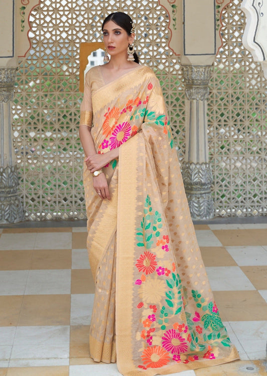 Pure Linen Beige Handloom Saree