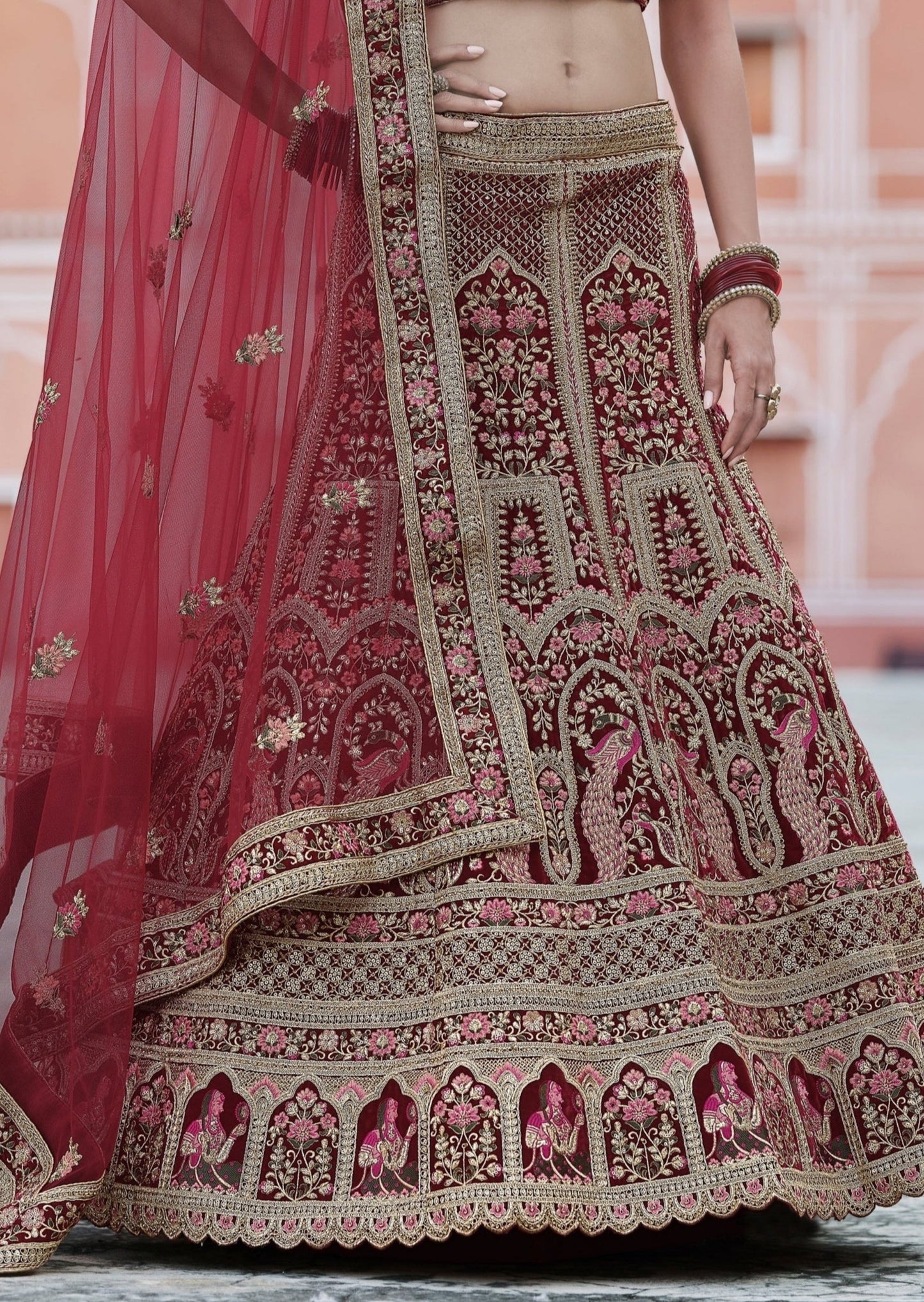 Peacock Design Maroon Bridal Lehenga Choli