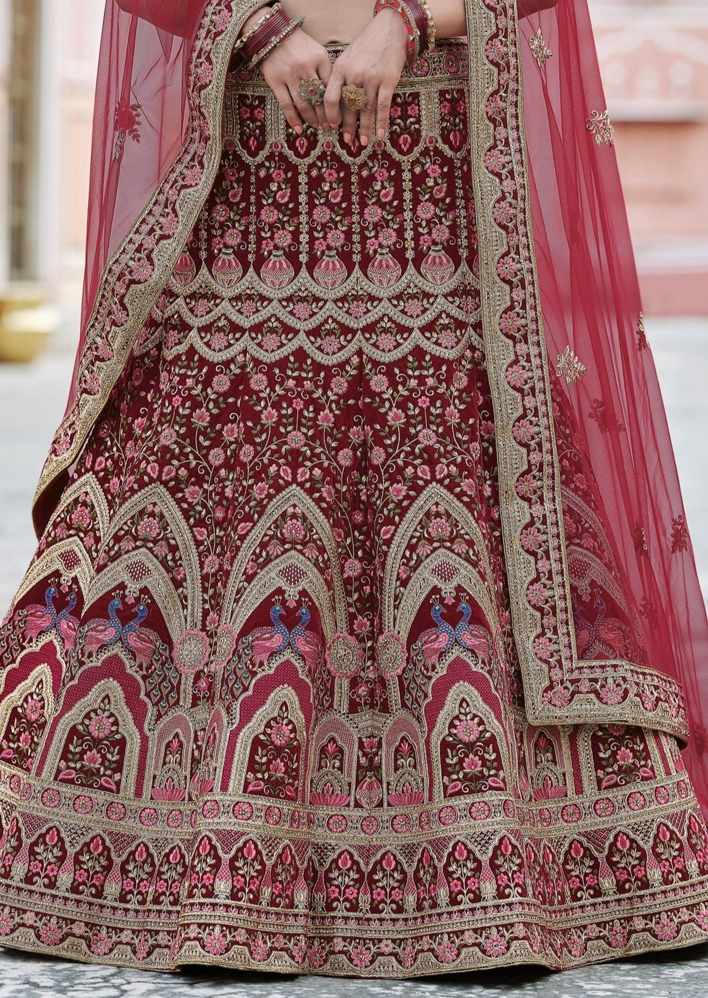Peacock Design Maroon Bridal Lehenga Choli With Dupatta
