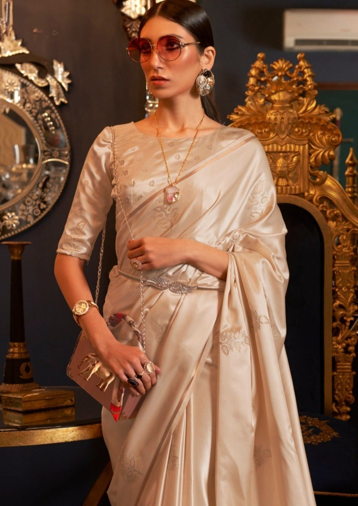 Pure Satin Silk Handloom Beige Cream Saree