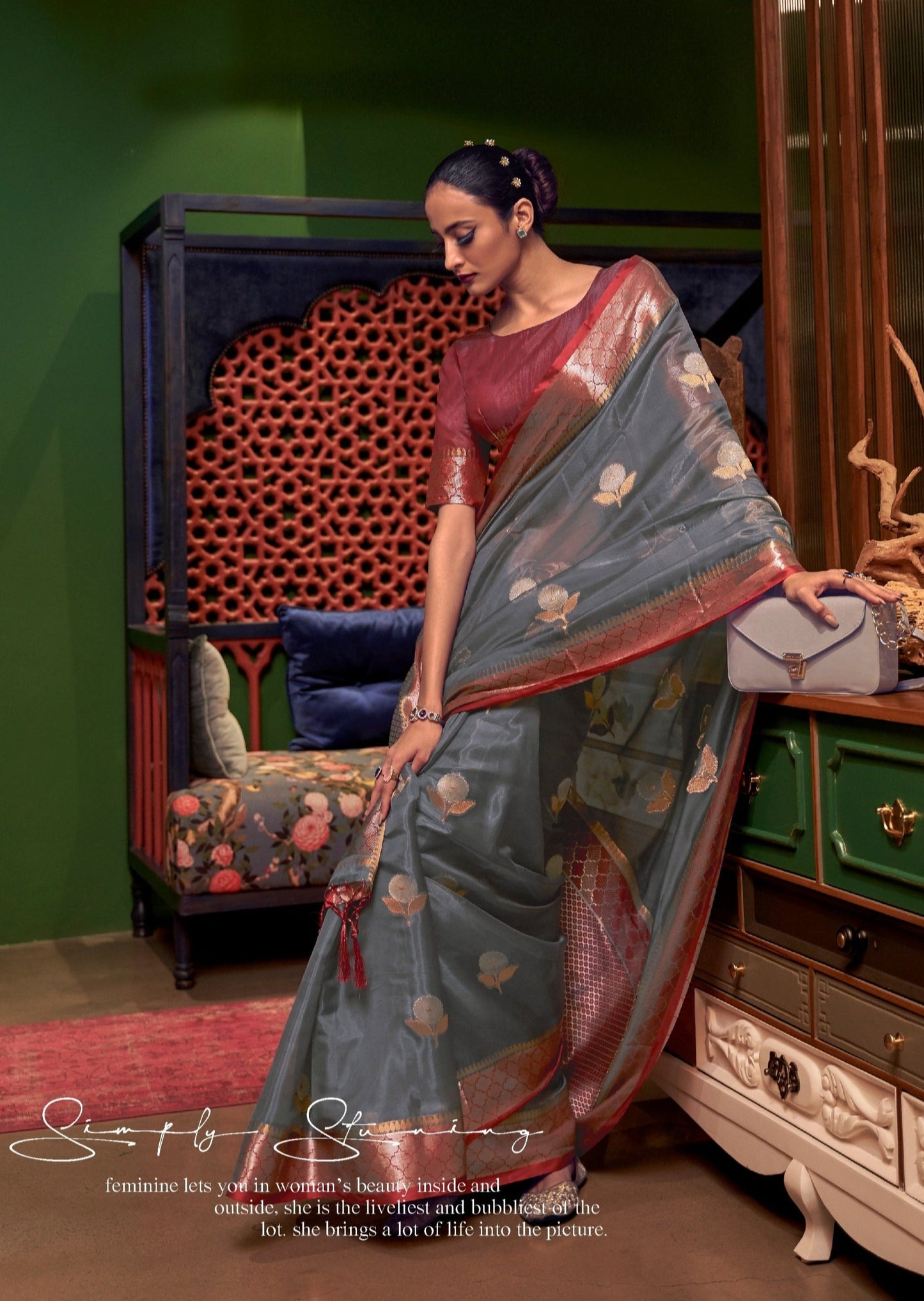 Pure Organza Grey Handloom Saree with Zari Border