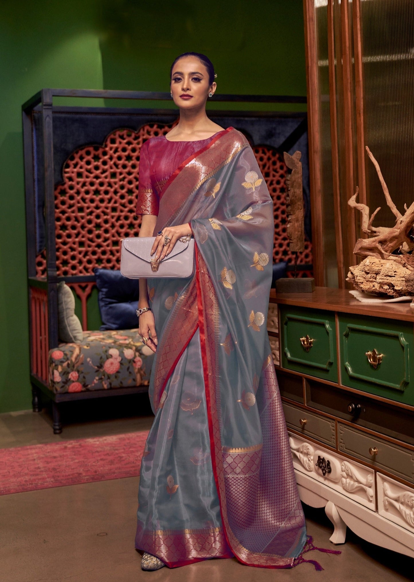 Pure Organza Grey Handloom Saree with Zari Border
