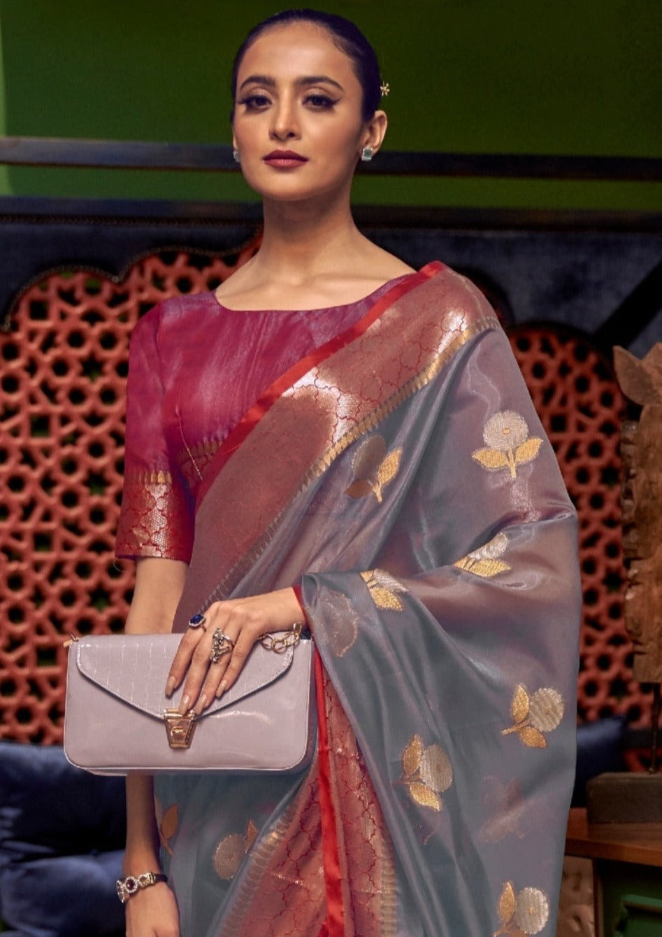 Pure Organza Grey Handloom Saree with Zari Border