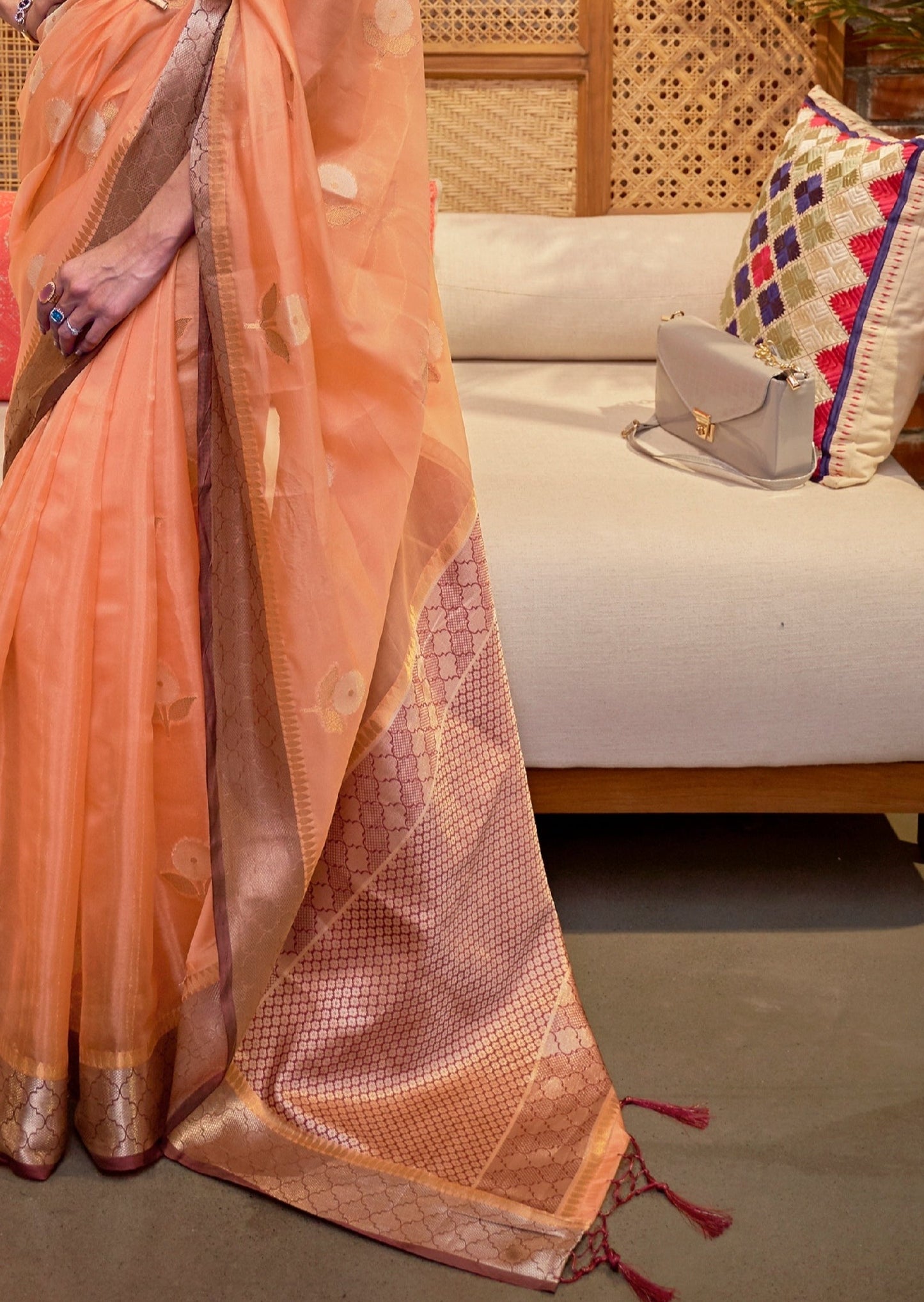 Pure Banarasi Organza Handloom Saree (Peach)